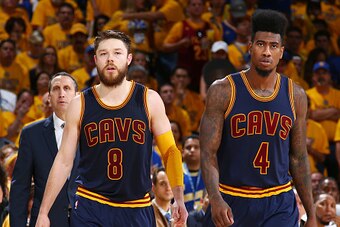 OAKLAND, CA - JUNE 14: Teammates Matthew Dellavedova #8 of the Cleveland Cavaliers and Iman Shumpert #4 of the Cleveland Cavaliers during Game Five of the 2015 NBA Finals on June 14, 2015 at Oracle Arena in Oakland, California. NOTE TO USER: User expressl