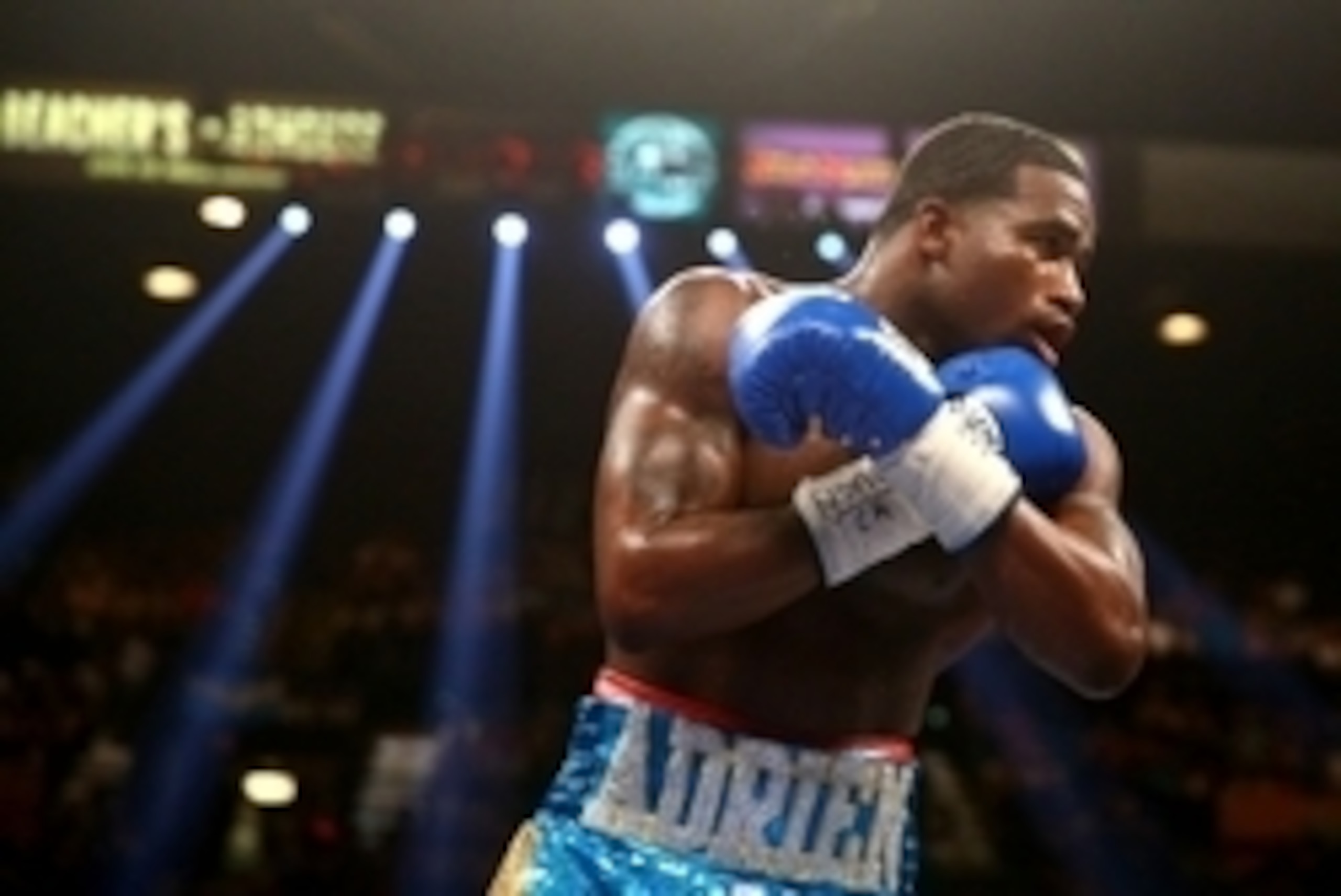 May 3, 2014; Las Vegas, NV, USA; Adrien Broner against Carlos Molina (not pictured) during their fight at MGM Grand. Mandatory Credit: Mark J. Rebilas-USA TODAY Sports
