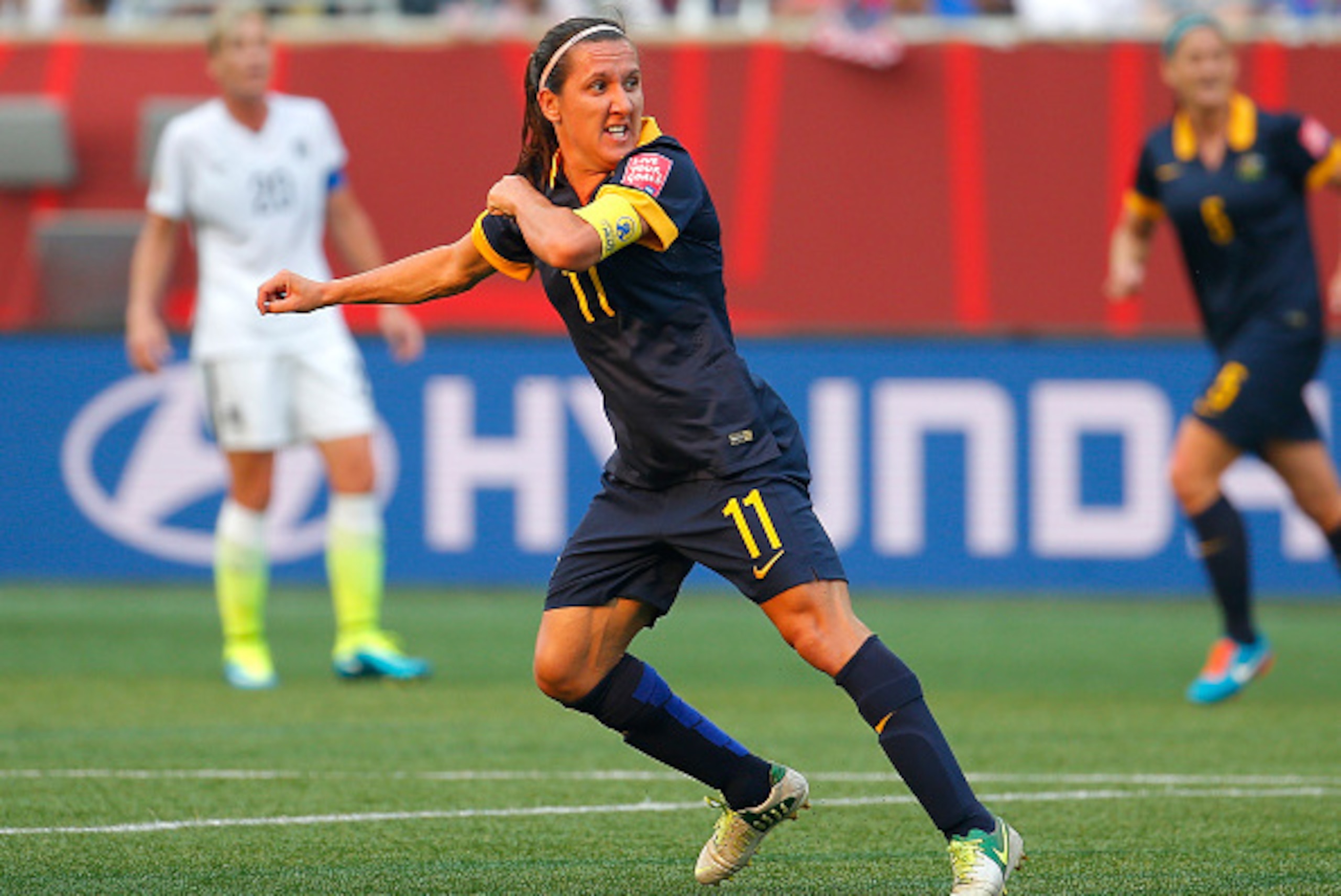 WINNIPEG, MB - JUNE 08:  Lisa De Vanna #11 of Australia scores a goal against the United States of America during the FIFA Women's World Cup Canada 2015 Group D match between the United States and Australia at Winnipeg Stadium on June 8, 2015 in Winnipeg,