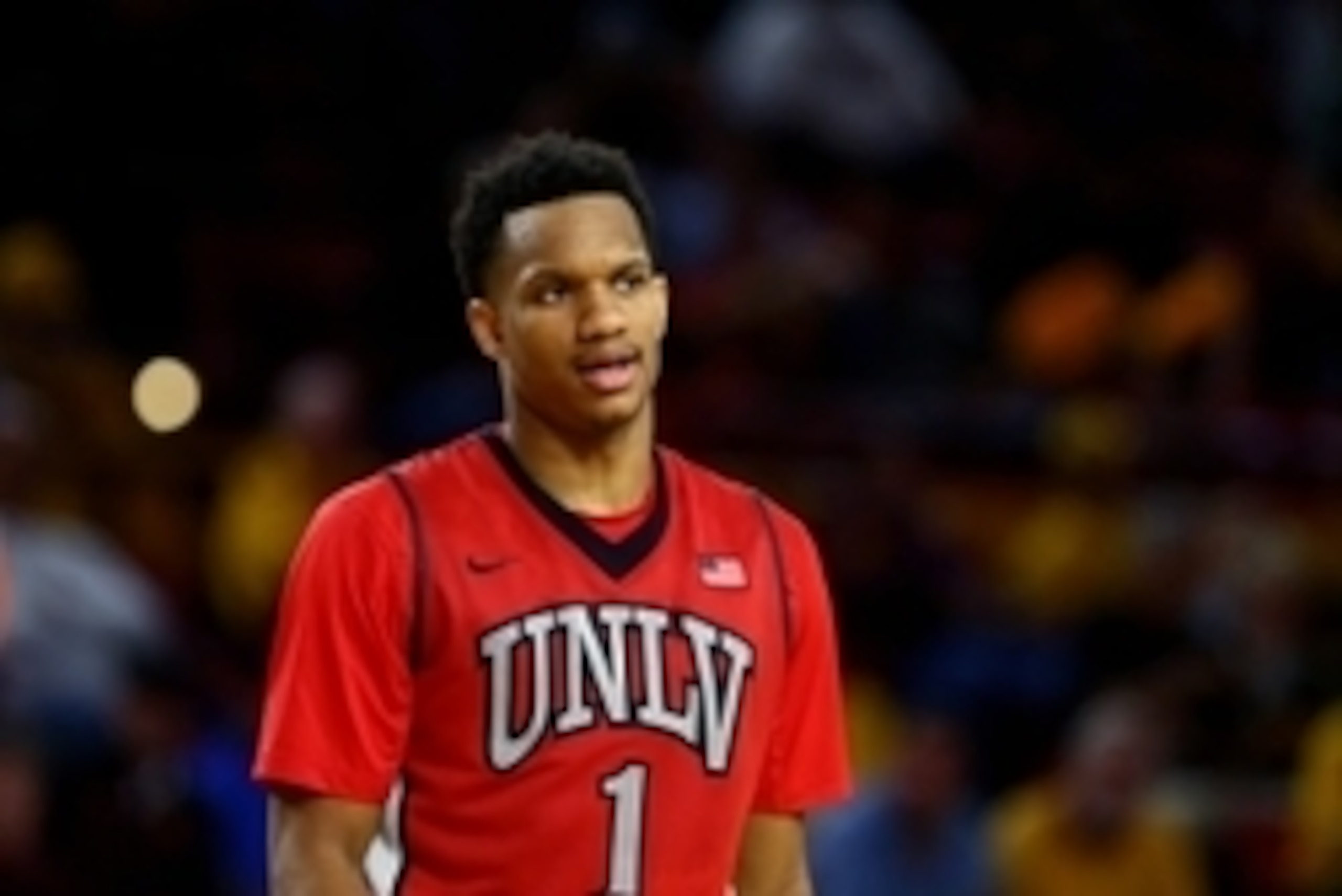 Dec 3, 2014; Tempe, AZ, USA; UNLV Runnin' Rebels guard Rashad Vaughn (1) against the Arizona State Sun Devils at Wells-Fargo Arena. Sun Devils defeated the Runnin' Rebels 77-55. Mandatory Credit: Mark J. Rebilas-USA TODAY Sports