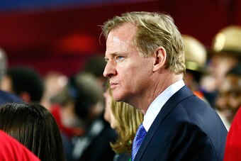 GLENDALE, AZ - FEBRUARY 01: NFL Commissioner Roger Goodell looks on from the sidelines during Super Bowl XLIX between the New England Patriots and the Seattle Seahawks at University of Phoenix Stadium on February 1, 2015 in Glendale, Arizona.  (Photo by K