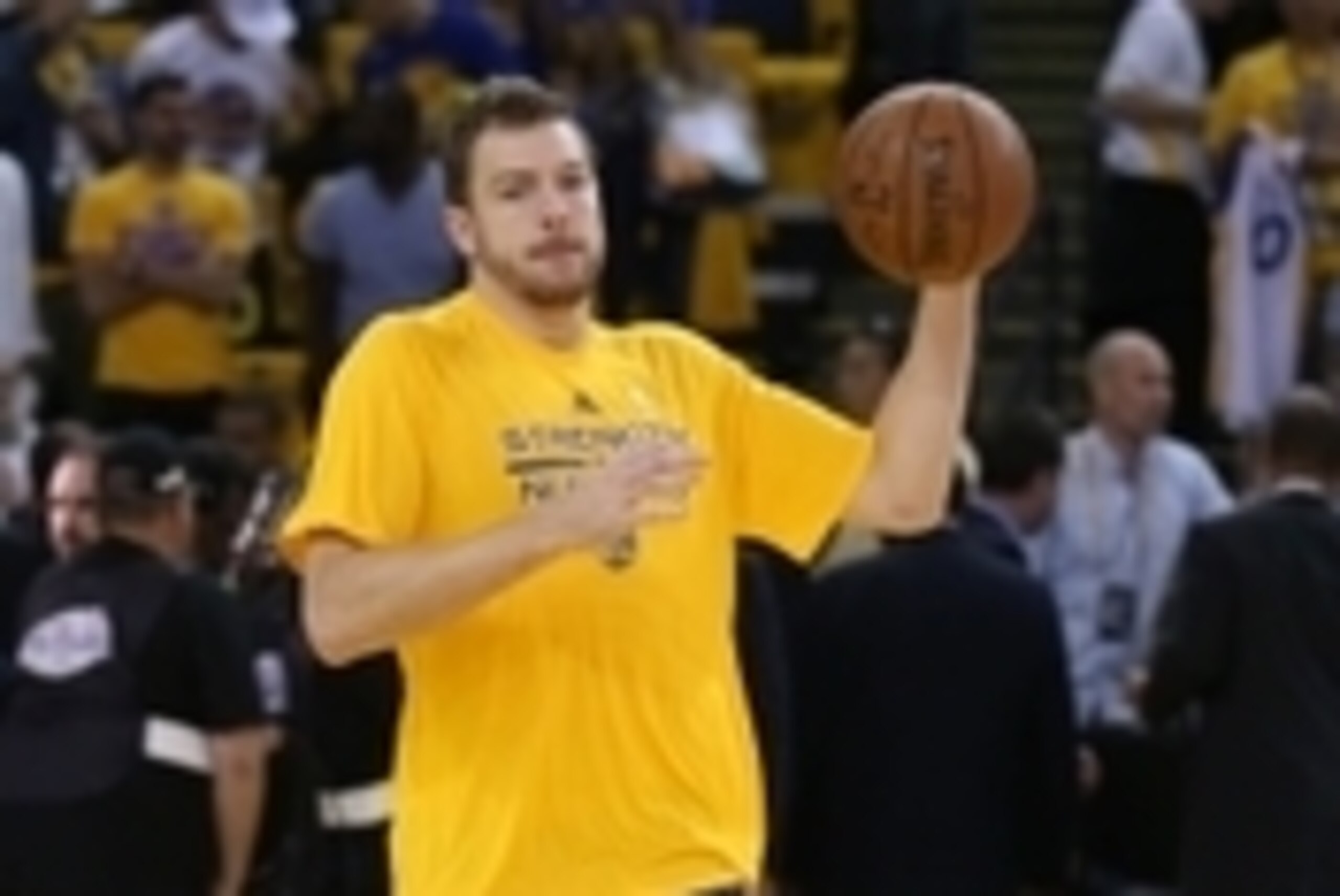 Jun 14, 2015; Oakland, CA, USA; Golden State Warriors forward David Lee (10) warms up before game five of the NBA Finals against the Cleveland Cavaliers at Oracle Arena. Mandatory Credit: Kelley L Cox-USA TODAY Sports