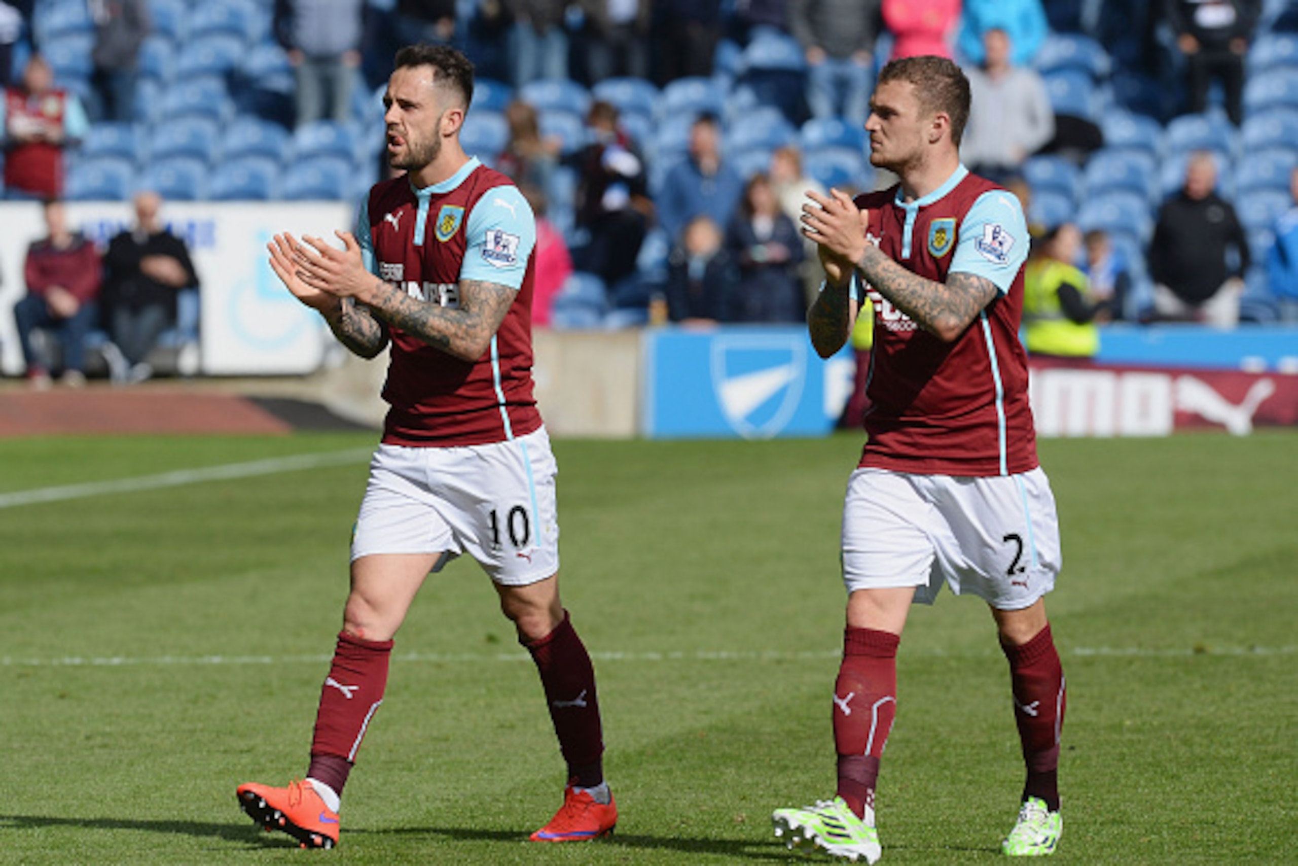 BURNLEY, ENGLAND - MAY 16:  Danny Ings (L) and Kieran Trippier of Burnley applaud fans after the Barclays Premier League match between Burnley and Stoke City at Turf Moor on May 16, 2015 in Burnley, England.  (Photo by Nigel Roddis/Getty Images)