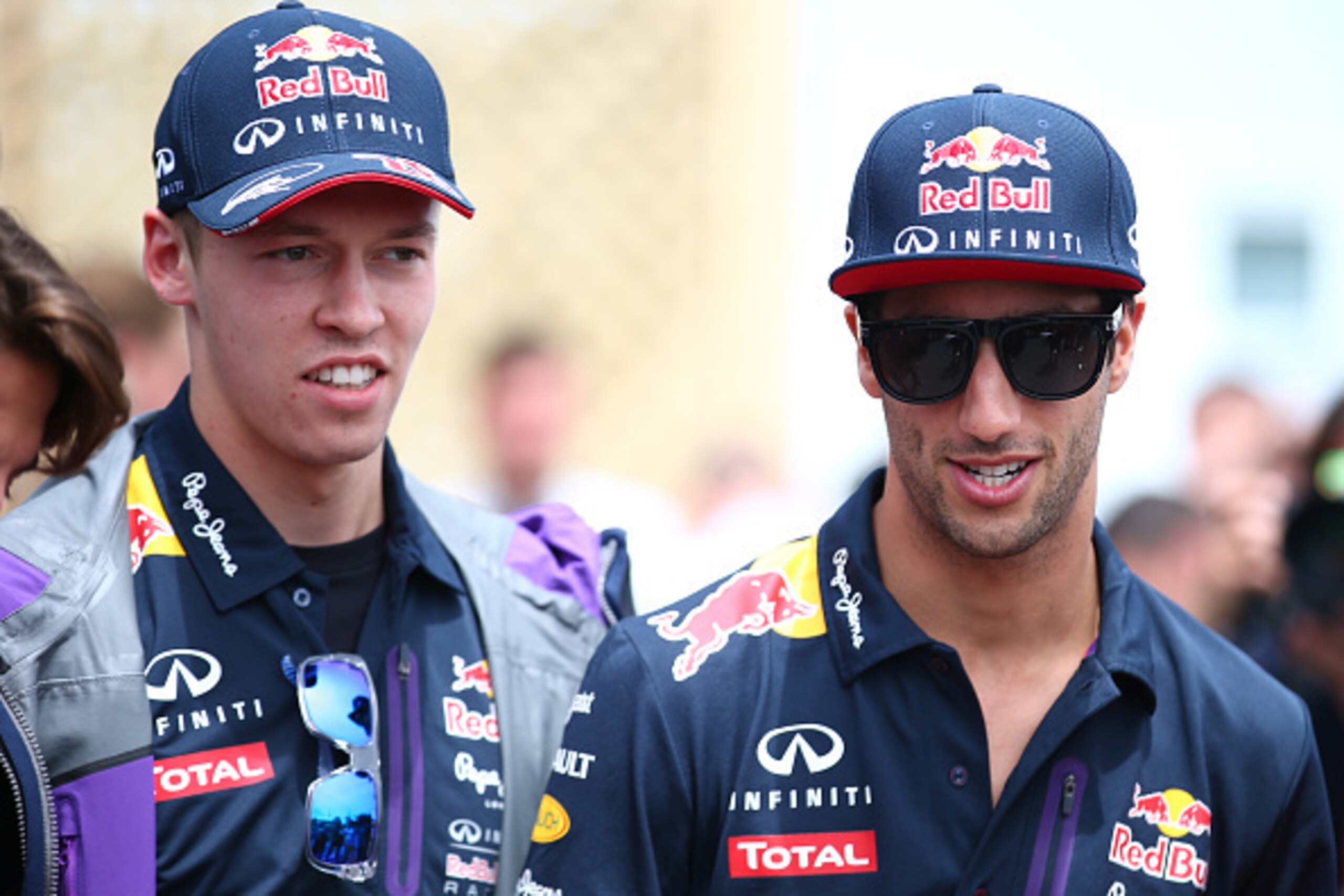 MONTREAL, QC - JUNE 07:  Daniil Kvyat of Russia and Infiniti Red Bull Racing and Daniel Ricciardo of Australia and Infiniti Red Bull Racing during the Canadian Formula One Grand Prix at Circuit Gilles Villeneuve on June 7, 2015 in Montreal, Canada.  (Phot