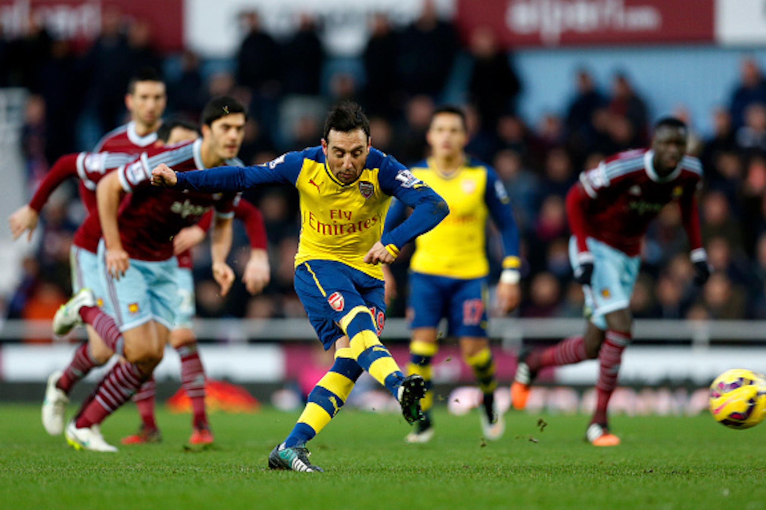 LONDON, ENGLAND - DECEMBER 28: Santi Cazorla of Arsenal scores the opening goal from the penalty spot during the Barclays Premier League match between West Ham United and Arsenal at Boleyn Ground on December 28, 2014 in London, England. (Photo by Steve LONDON, ENGLAND - DECEMBER 28: Santi Cazorla of Arsenal scores the opening goal from the penalty spot during the Barclays Premier League match between West Ham United and Arsenal at Boleyn Ground on December 28, 2014 in London, England. (Photo by Steve