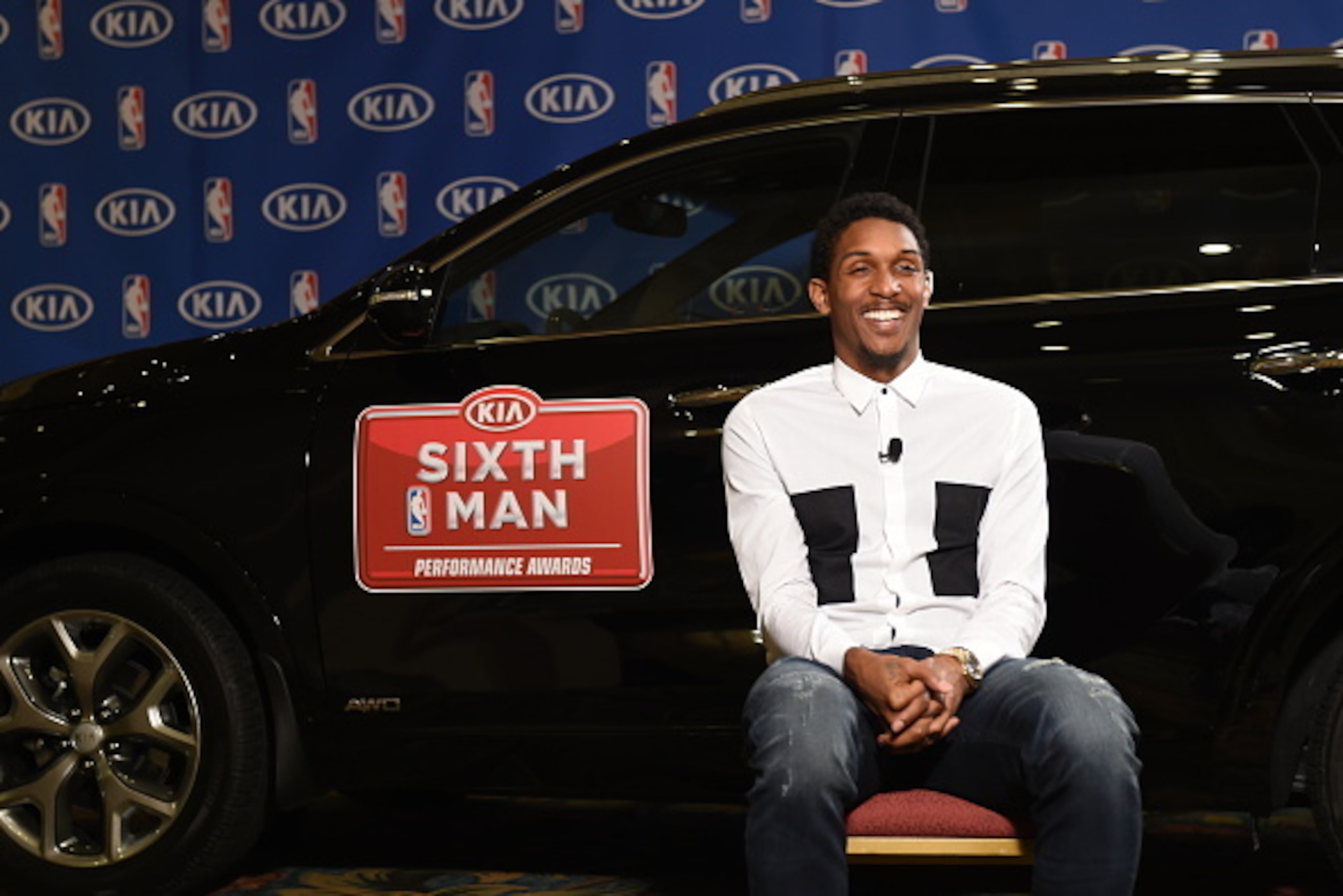 TORONTO, CANADA - April 20: Lou Williams of the Toronto Raptors Receives the Kia Sixth Man Award in Toronto, Ontario, Canada.  NOTE TO USER: User expressly acknowledges and agrees that, by downloading and or using this Photograph, user is consenting to th