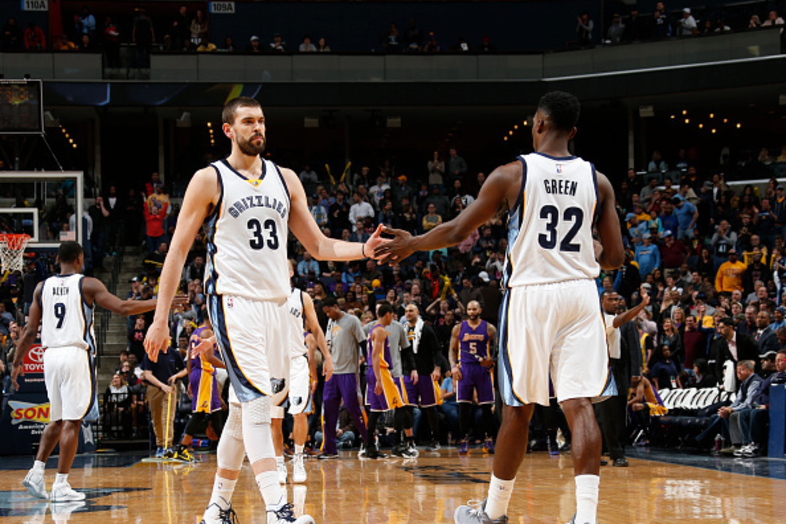 MEMPHIS, TN - MARCH 6: Marc Gasol #33 and Jeff Green #32 of the Memphis Grizzlies celebrate during a game against the Los Angeles Lakers on March 6, 2015 at the FedExForum in Memphis, Tennessee.  NOTE TO USER: User expressly acknowledges and agrees that, 