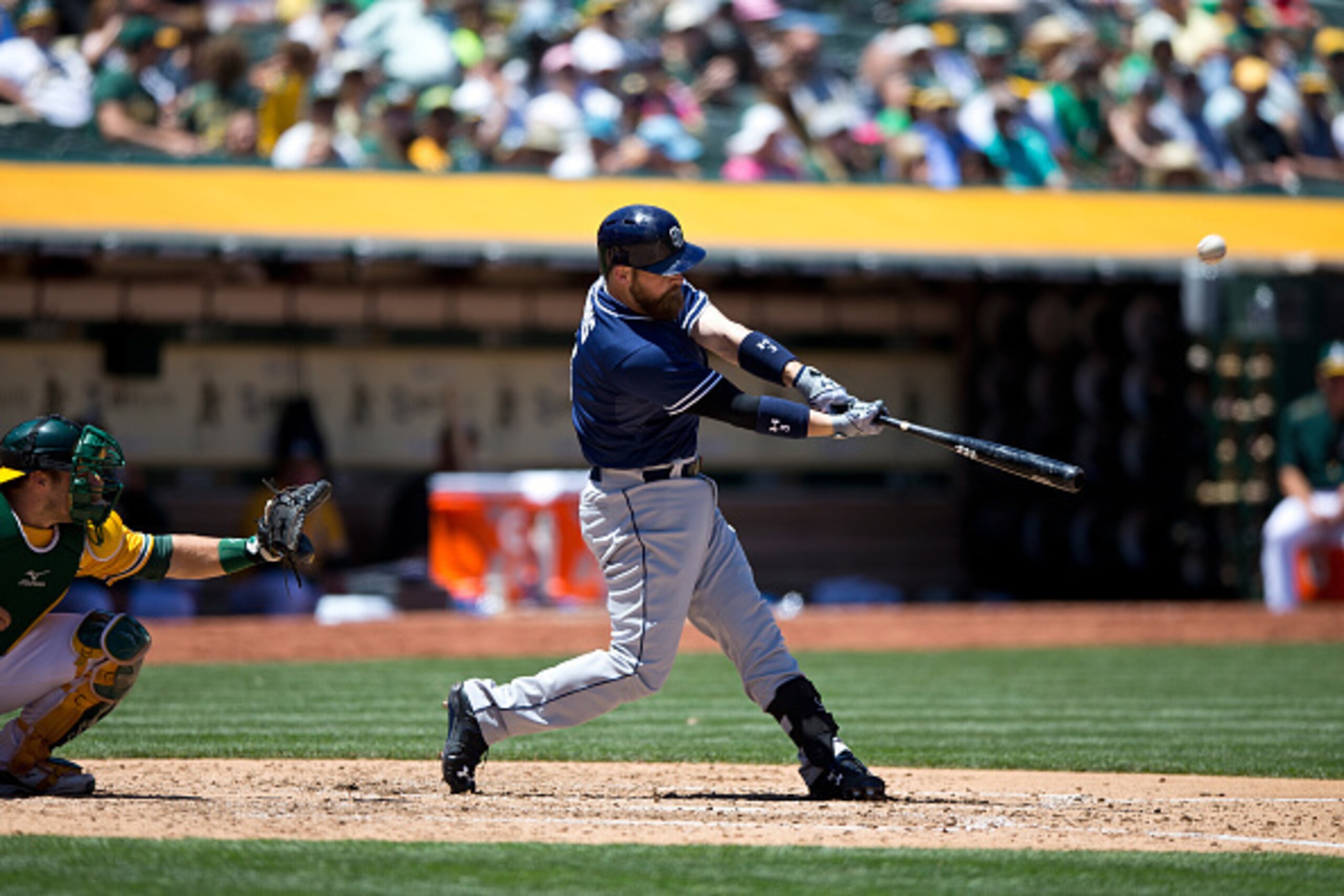 OAKLAND, CA - JUNE 18:  Derek Norris #3 of the San Diego Padres hits a home run against the Oakland Athletics during the sixth inning at O.co Coliseum on June 18, 2015 in Oakland, California. The San Diego Padres defeated the Oakland Athletics 3-1. (Photo
