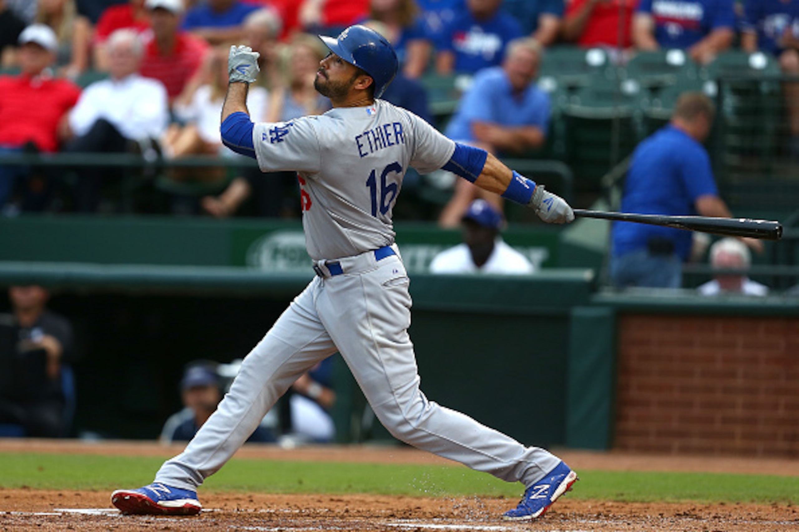 ARLINGTON, TX - JUNE 16: Andre Ethier #16 of the Los Angeles Dodgers bats in the second inning during a game against the Texas Rangers at Globe Life Park in Arlington on June 16, 2015 in Arlington, Texas.  (Photo by Sarah Crabill/Getty Images)