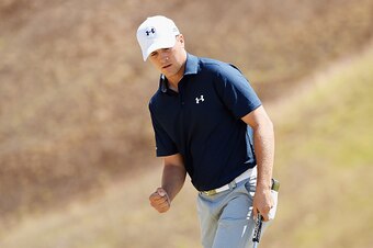 UNIVERSITY PLACE, WA - JUNE 19:  Jordan Spieth of the United States celebrates after a birdie putt on the ninth green during the second round of the 115th U.S. Open Championship at Chambers Bay on June 19, 2015 in University Place, Washington.  (Photo by