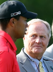 DUBLIN, OH - JUNE 03:  Jack Nicklaus looks at Tiger Woods following the Memorial Tournament presented by Nationwide Insurance at Muirfield Village Golf Club on June 3, 2012 in Dublin, Ohio.  (Photo by Andy Lyons/Getty Images)