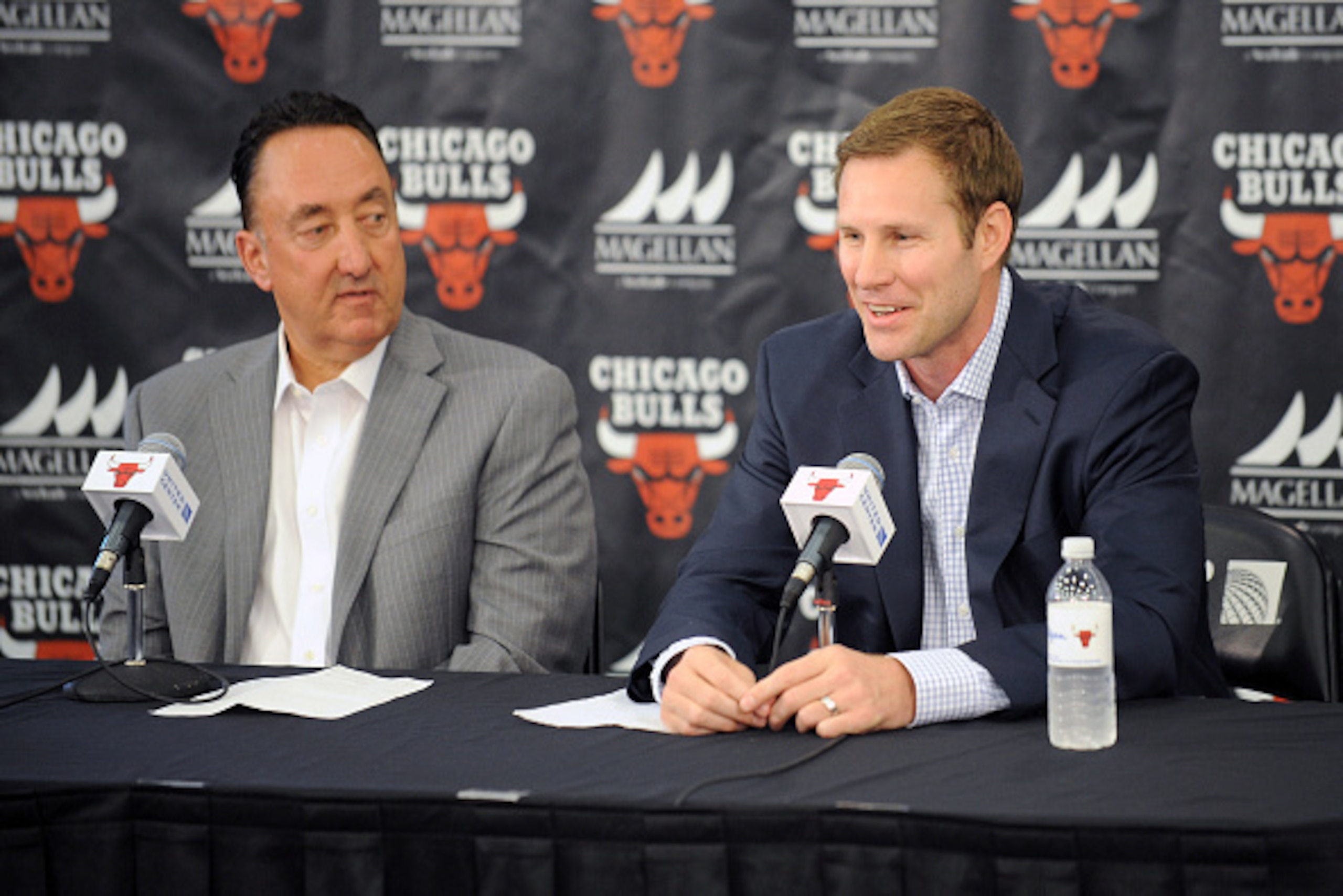 CHICAGO, IL - JUNE 02: New Chicago Bulls Head Coach Fred Hoiberg responds to a question from the media while General Manager Gar Forman look on during a press conference on June 2, 2015 at the Advocate Center in Chicago, Illinois. NOTE TO USER: User expre