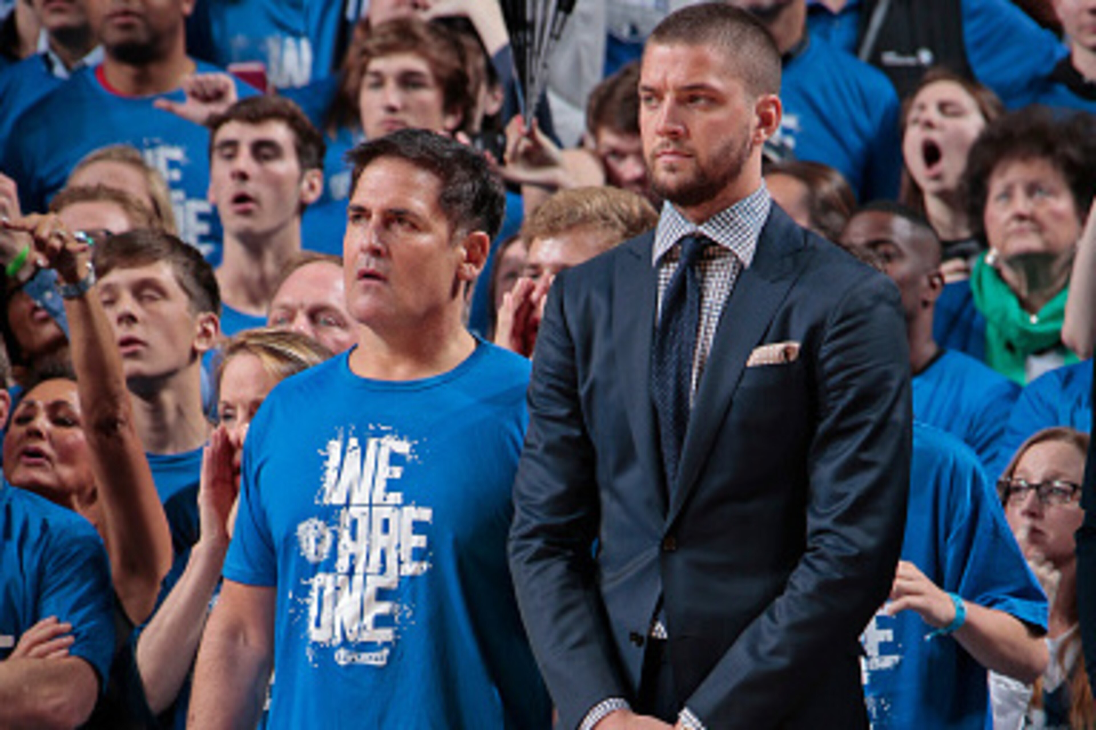 DALLAS, TX - APRIL 24:  Chandler Parsons #25 stands next to Mark Cuban, owner of the Dallas Mavericks against the Houston Rockets during Game Three of the Western Conference Quarterfinals of the 2015 NBA Playoffs on April 24, 2015 at the American Airlines