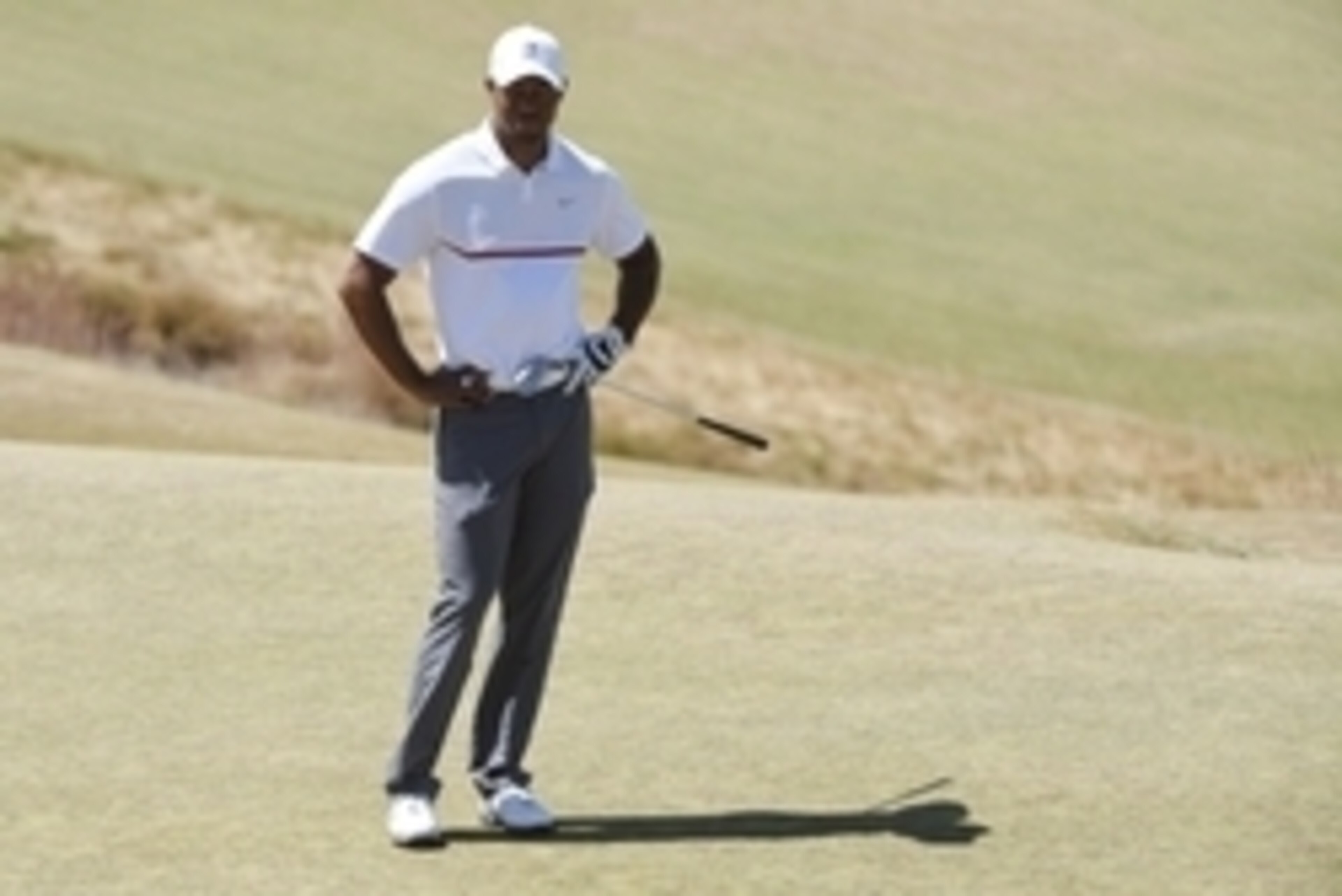Jun 19, 2015; University Place, WA, USA; Tiger Woods reacts on the 2nd green in the second round of the 2015 U.S. Open golf tournament at Chambers Bay. Mandatory Credit: Kyle Terada-USA TODAY Sports