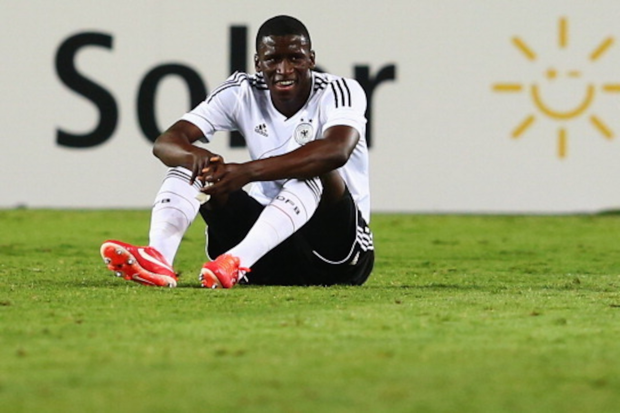 NETANYA, ISRAEL - JUNE 09: Antonio Ruediger of Germany reacts after the UEFA European U21 Champiosnship Group B match between Germany and Spain at Netanya Stadium on June 9, 2013 in Netanya, Israel.  (Photo by Alex Grimm/Getty Images)