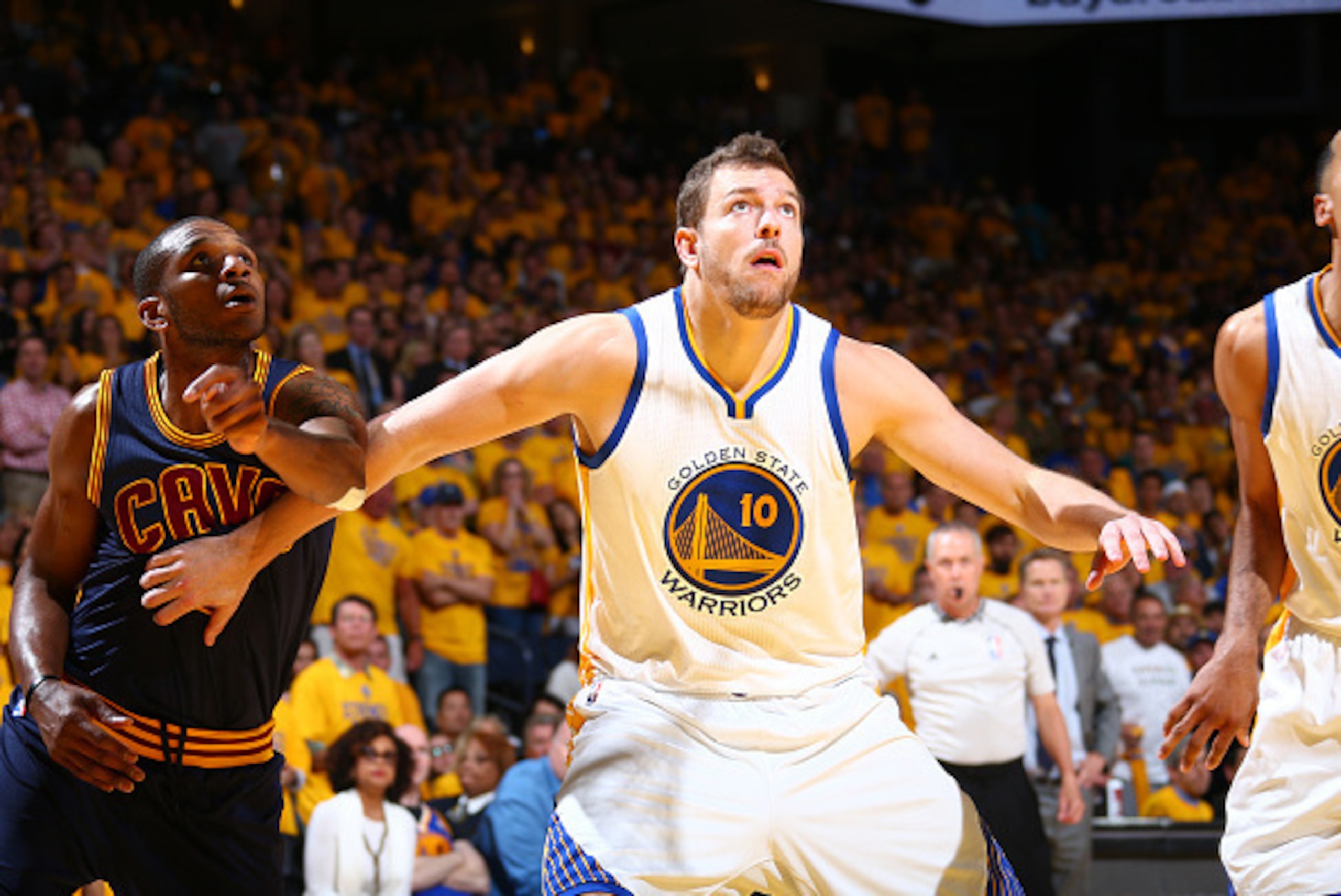 OAKLAND, CA - JUNE 14: David Lee #10 of the Golden State Warriors boxes out James Jones #1 of the Cleveland Cavaliers during Game Five of the 2015 NBA Finals on June 14, 2015 at Oracle Arena in Oakland, California. NOTE TO USER: User expressly acknowledge