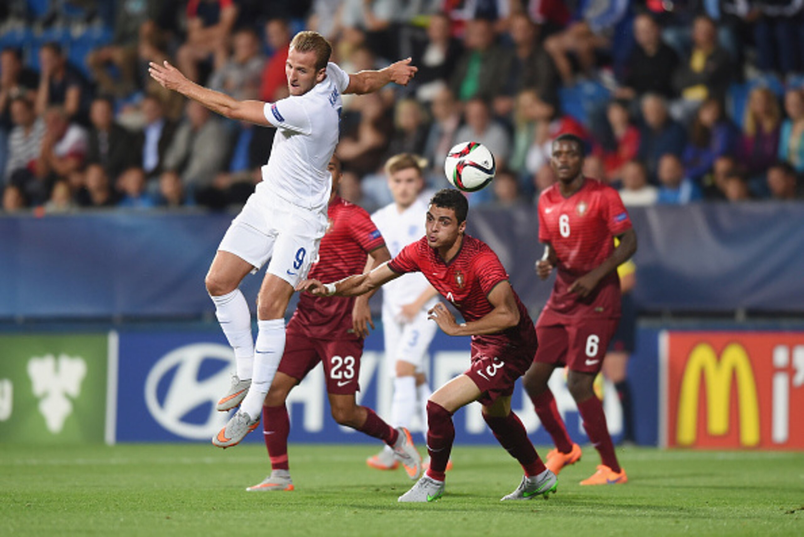 UHERSKE HRADISTE, CZECH REPUBLIC - JUNE 18:  Harry Kanei of England in action with Tiago Ilori of Portugal during the UEFA Under21 European Championship 2015 Group B match between England and Portugal at Mestsky Fotbalovy Stadium on June 18, 2015 in Uhers