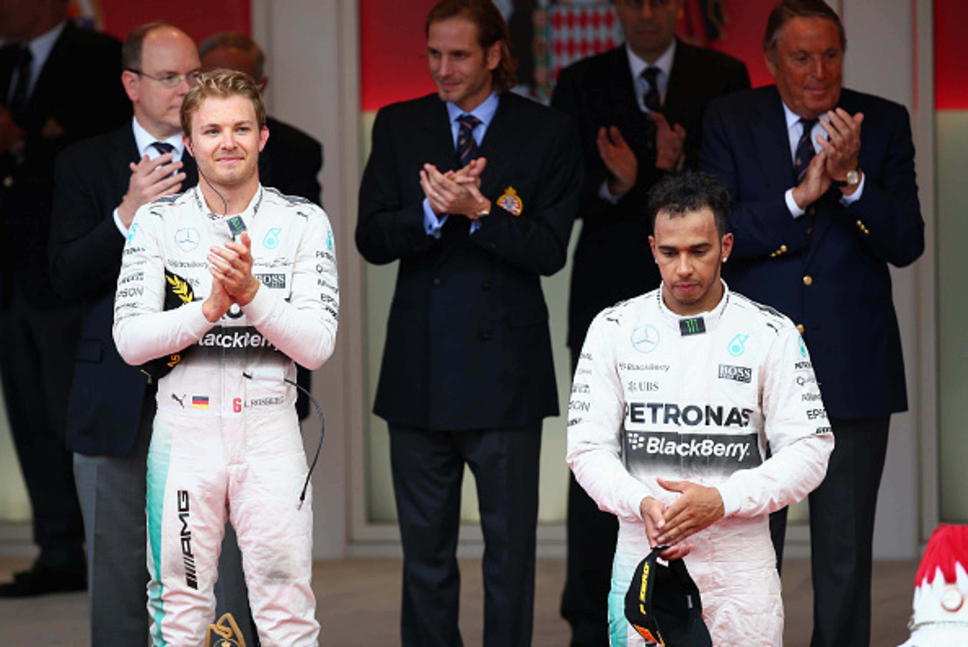 MONTE-CARLO, MONACO - MAY 24: (L-R) Race winner Nico Rosberg of Germany and Mercedes GP and third placed Lewis Hamilton of Great Britain and Mercedes GP react on the podium following the Monaco Formula One Grand Prix at Circuit de Monaco on May 24, 2015 MONTE-CARLO, MONACO - MAY 24: (L-R) Race winner Nico Rosberg of Germany and Mercedes GP and third placed Lewis Hamilton of Great Britain and Mercedes GP react on the podium following the Monaco Formula One Grand Prix at Circuit de Monaco on May 24, 2015
