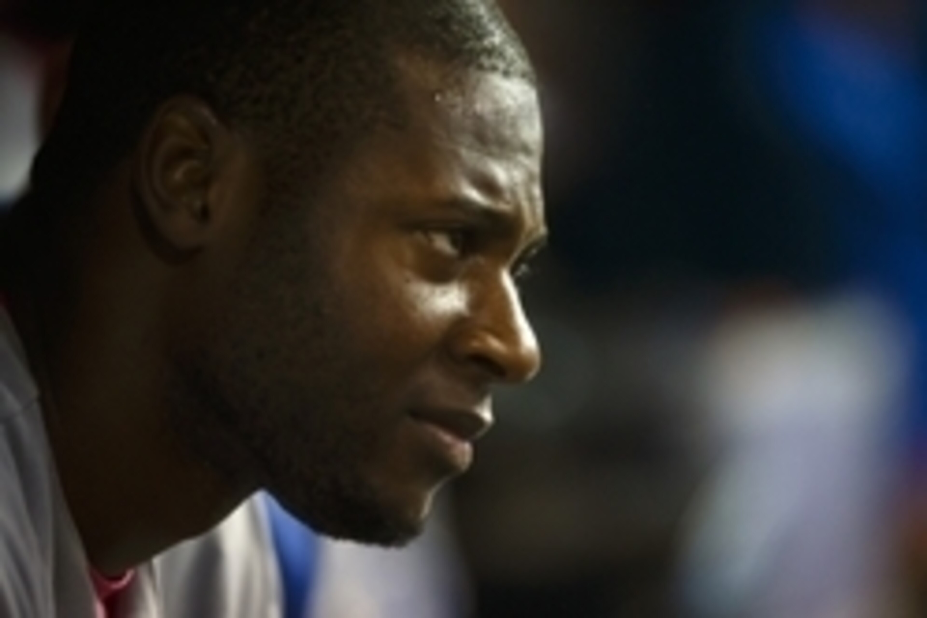 May 10, 2015; Detroit, MI, USA; Kansas City Royals center fielder Lorenzo Cain (6) sits in dugout during a rain delay in the ninth inning against the Detroit Tigers at Comerica Park. Mandatory Credit: Rick Osentoski-USA TODAY Sports