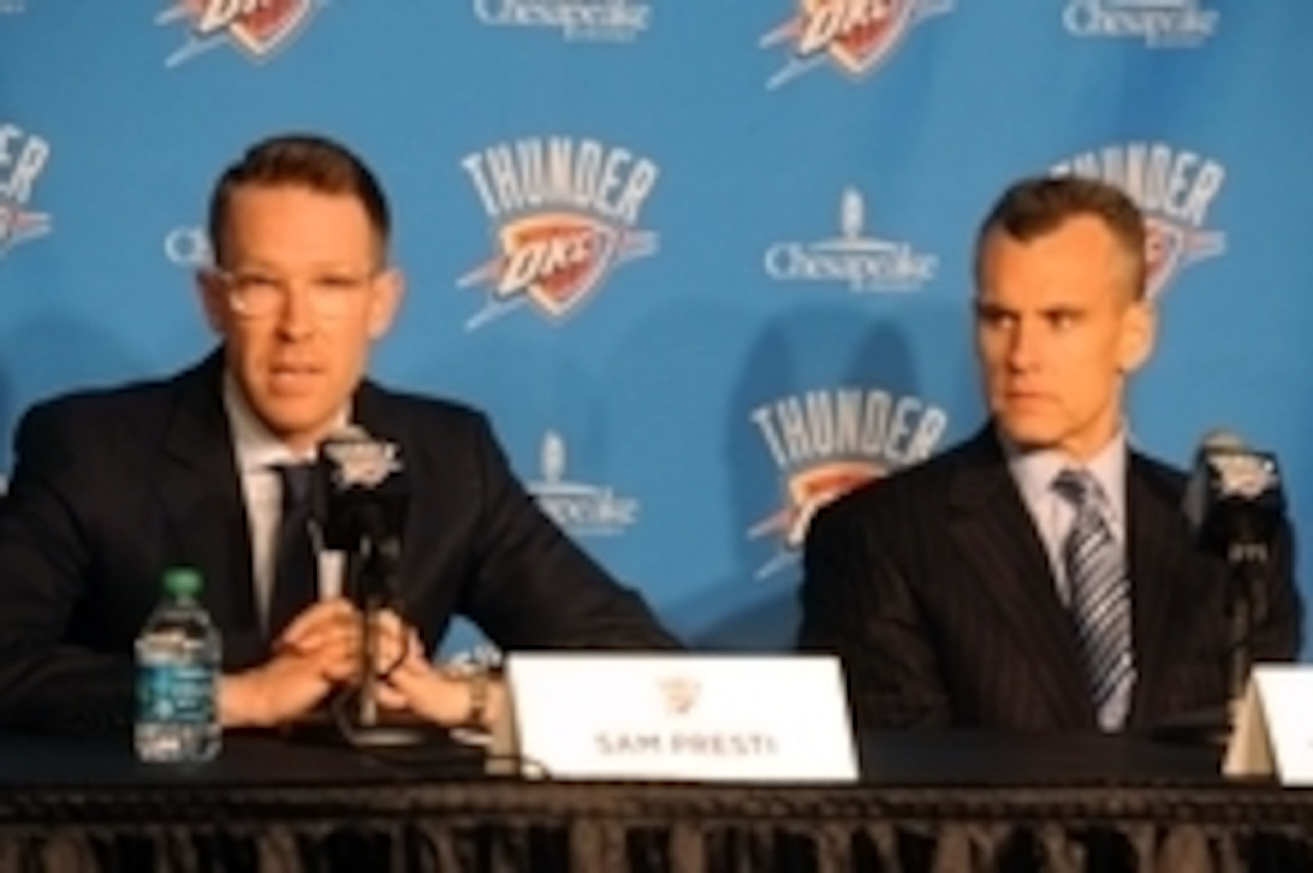 May 1, 2015; Oklahoma City, OK, USA; Oklahoma City Thunder general manager Sam Presti introduces new Thunder head coach Billy Donovan to the media at Chesapeake Energy Arena. Mandatory Credit: Mark D. Smith-USA TODAY Sports