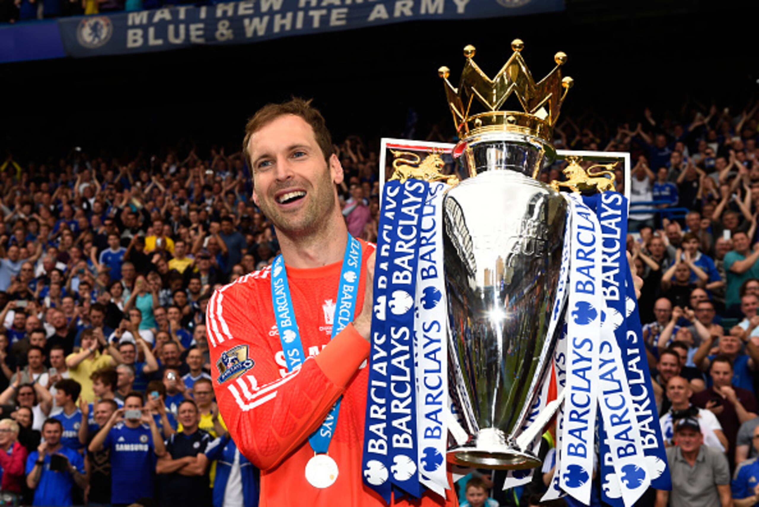 LONDON, ENGLAND - MAY 24:  Petr Cech of Chelsea celebrates with the trophy after the Barclays Premier League match between Chelsea and Sunderland at Stamford Bridge on May 24, 2015 in London, England. Chelsea were crowned Premier League champions.  (Photo