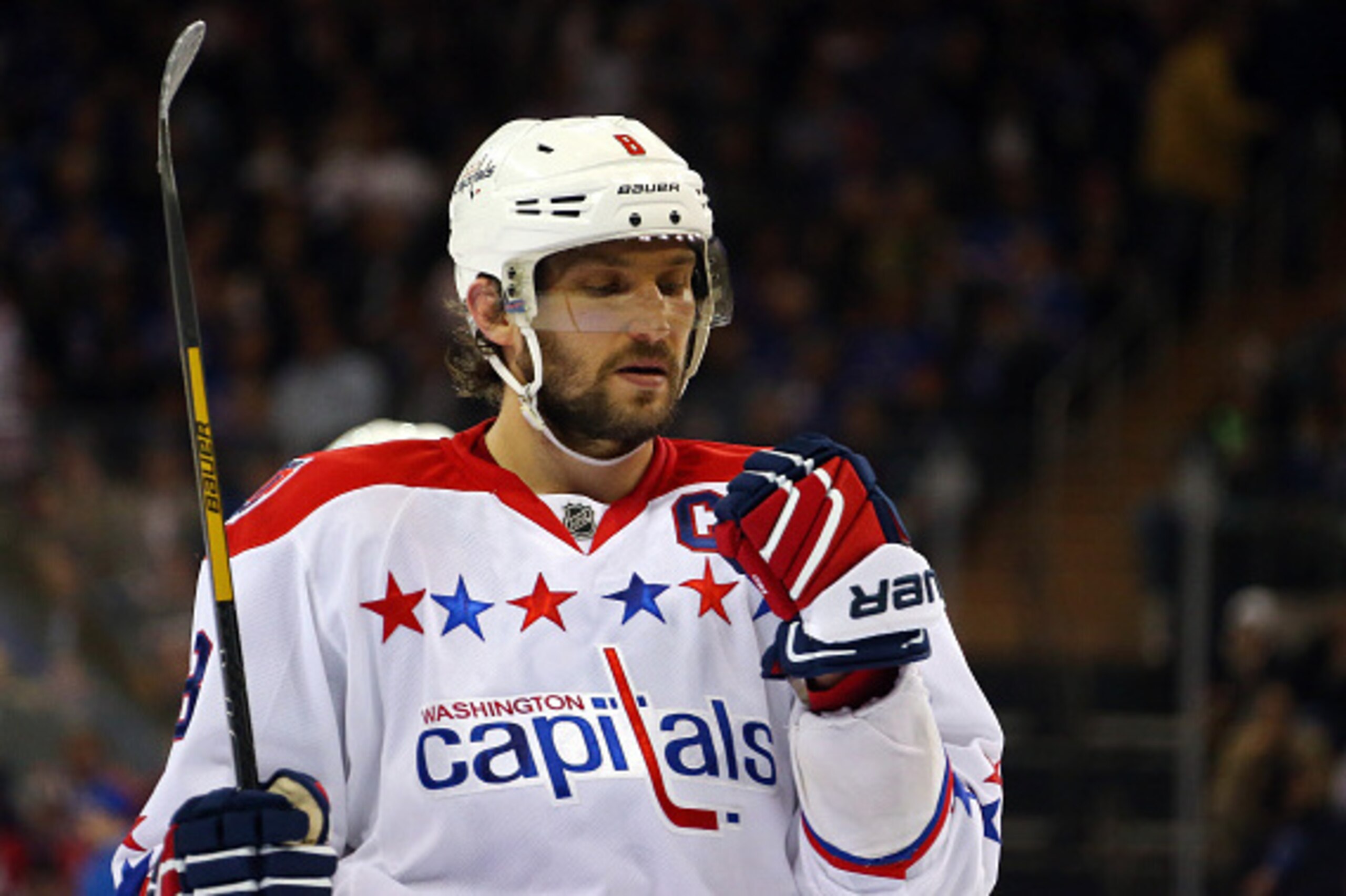 NEW YORK, NY - MAY 13:  Alex Ovechkin #8 of the Washington Capitals looks on against the New York Rangers in Game Seven of the Eastern Conference Semifinals during the 2015 NHL Stanley Cup Playoffs at Madison Square Garden on May 13, 2015 in New York City