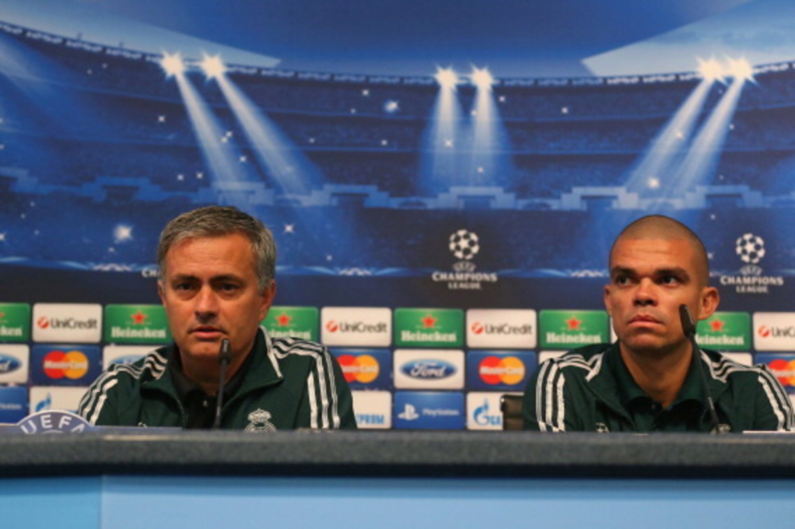 MANCHESTER, ENGLAND - NOVEMBER 20: Jose Mourinho the coach of Real Madrid and Pepe face the media during a press conference at the Etihad Stadium on November 20, 2012 in Manchester, England. (Photo by Alex Livesey/Getty Images) MANCHESTER, ENGLAND - NOVEMBER 20: Jose Mourinho the coach of Real Madrid and Pepe face the media during a press conference at the Etihad Stadium on November 20, 2012 in Manchester, England. (Photo by Alex Livesey/Getty Images)