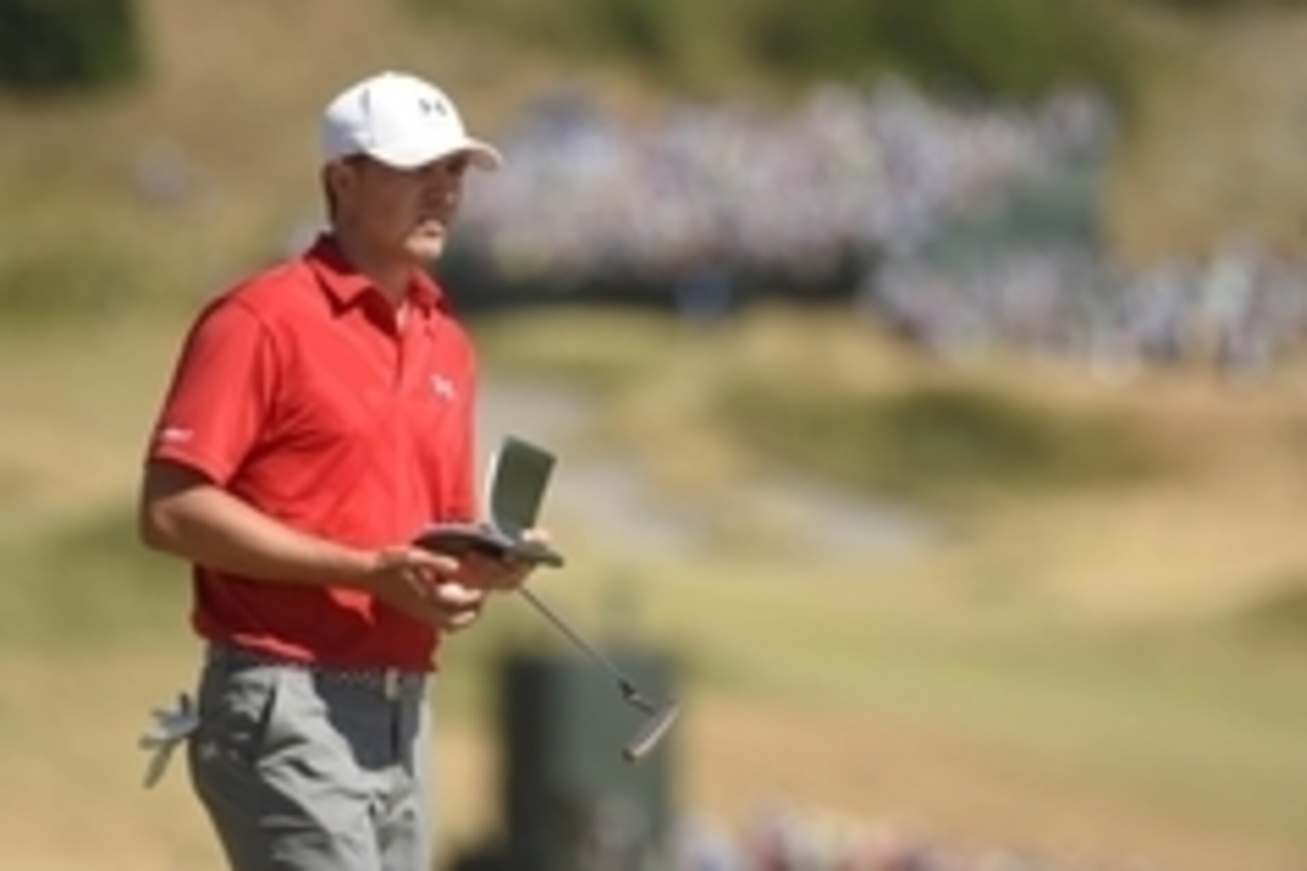 Jun 20, 2015; University Place, WA, USA; Jordan Spieth on the 5th green in the third round of the 2015 U.S. Open golf tournament at Chambers Bay. Mandatory Credit: John David Mercer-USA TODAY Sports