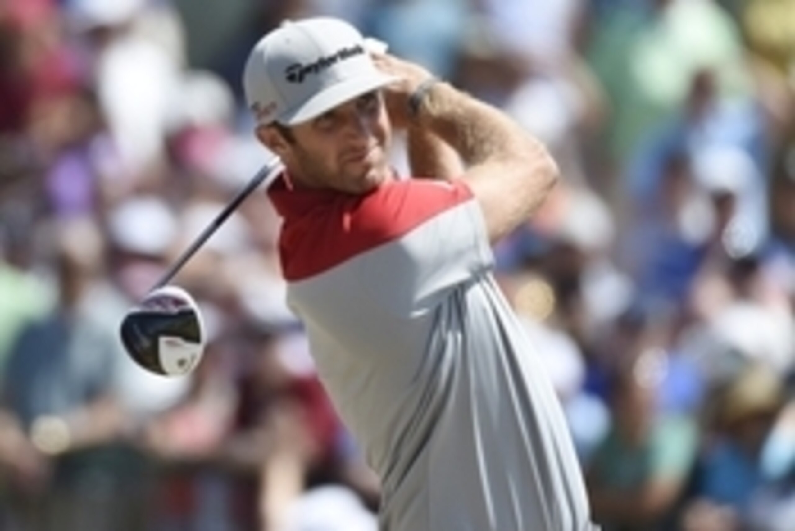 Jun 20, 2015; University Place, WA, USA; Dustin Johnson hits his tee shot on the 1st hole in the third round of the 2015 U.S. Open golf tournament at Chambers Bay. Mandatory Credit: Michael Madrid-USA TODAY Sports