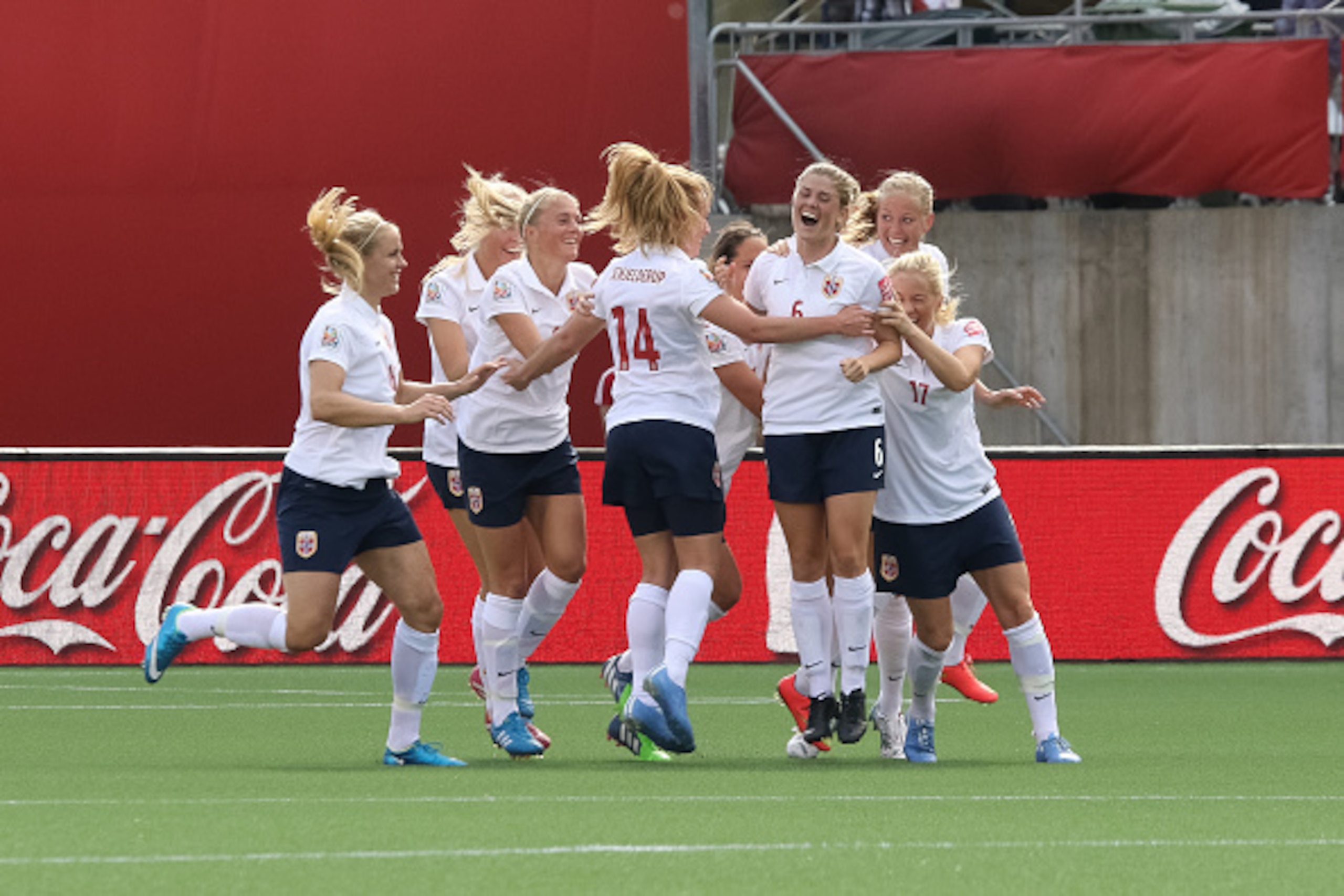 OTTAWA, ON - JUNE 11: Maren Mjelde #6 of Norway celebrates her goal on a direct kick with team mates during the FIFA Women's World Cup Canada 2015 Group B match between Germany and Norway at Lansdowne Stadium on June 11, 2015 in Ottawa, Canada.  (Photo by