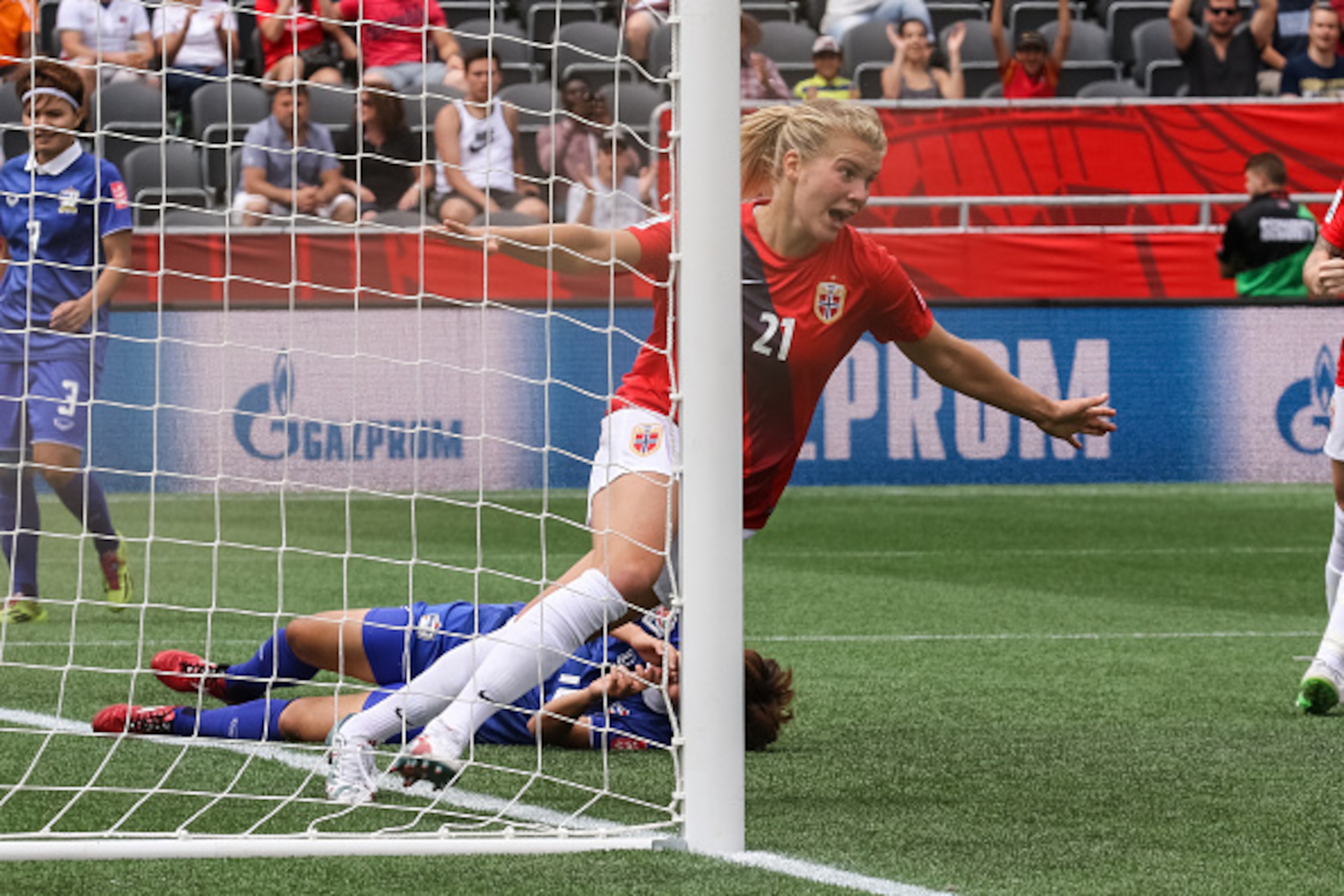 OTTAWA, ON - JUNE 7: Ada Hegerberg #21 of Norway celebrates her second half goal against Thailand during the FIFA Women's World Cup Canada 2015 Group B match between Norway and Thailand at Lansdowne Stadium on June 7, 2015 in Ottawa, Canada.  (Photo by An