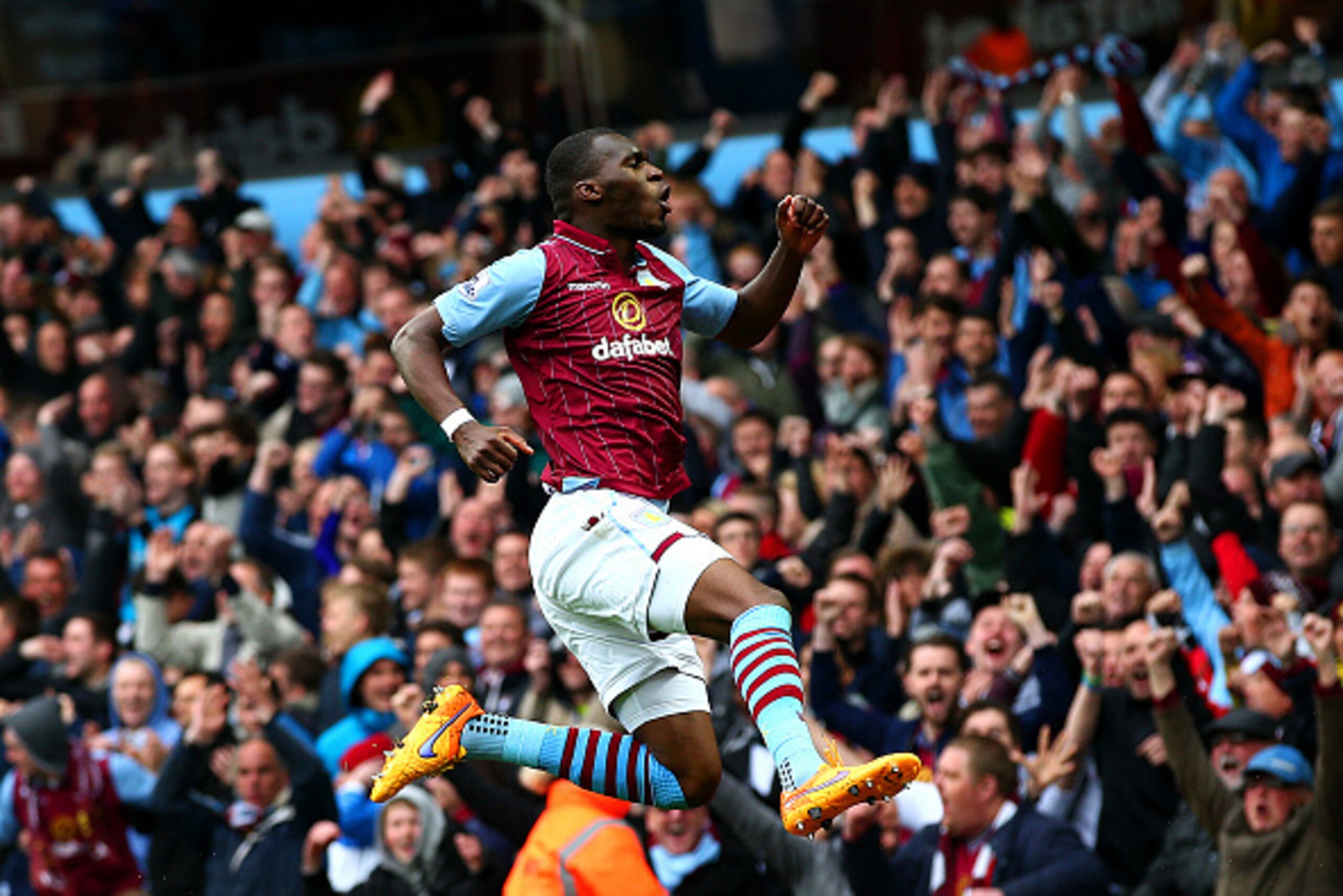 BIRMINGHAM, ENGLAND - MAY 02:  Christian Benteke of Aston Villa celebrates scoring his team's second goal during the Barclays Premier League match between Aston Villa and Everton at Villa Park on May 2, 2015 in Birmingham, England.  (Photo by Mark Thompso