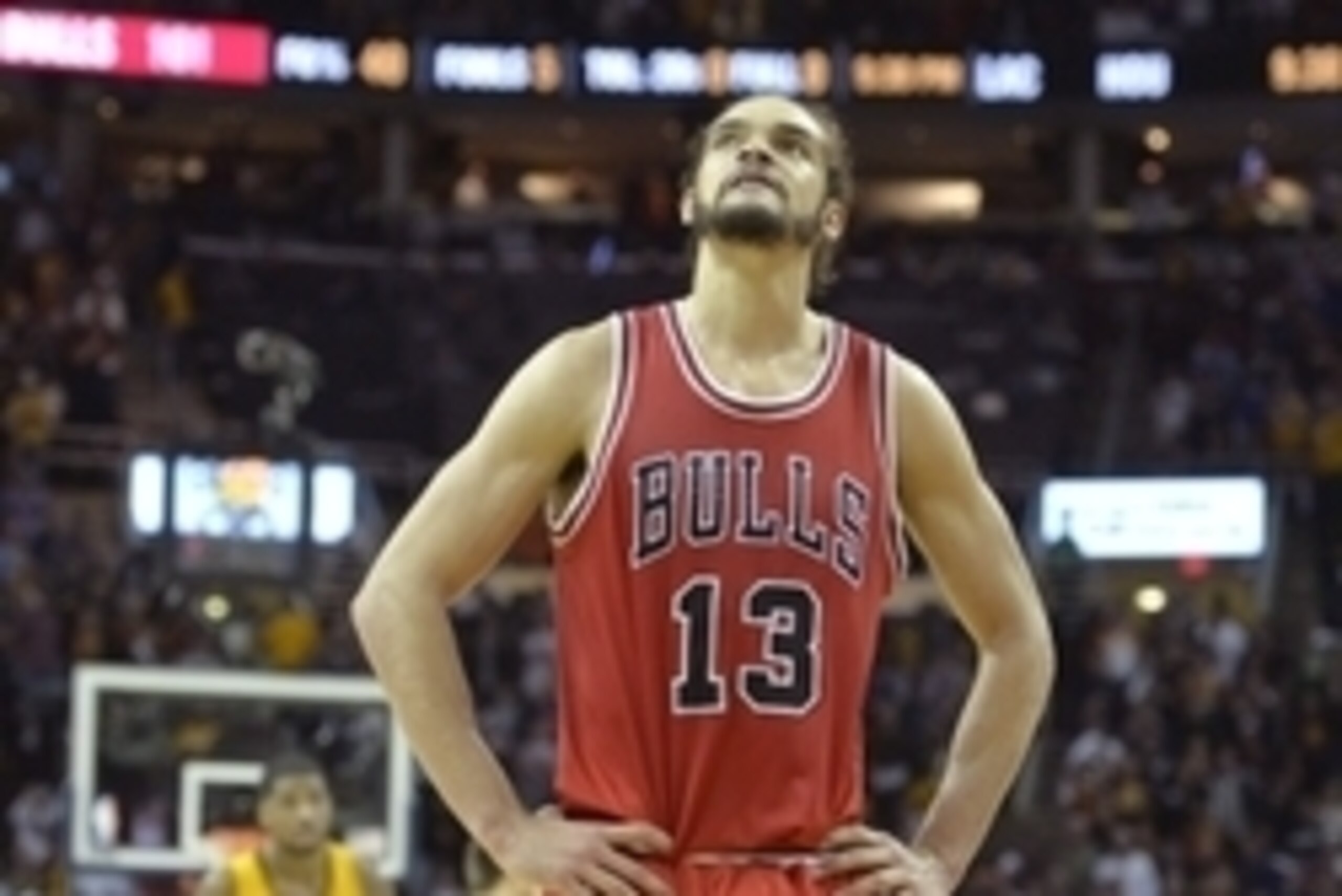 May 12, 2015; Cleveland, OH, USA; Chicago Bulls center Joakim Noah (13) reacts in the fourth quarter against the Cleveland Cavaliers in game five of the second round of the NBA Playoffs at Quicken Loans Arena. Mandatory Credit: David Richard-USA TODAY Spo