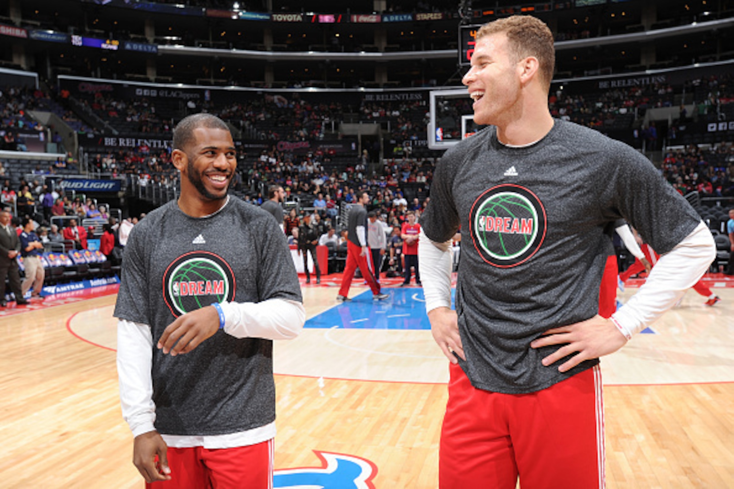 LOS ANGELES, CA - JANUARY 19:  Chris Paul #3 and Blake Griffin #32 of the Los Angeles Clippers talk before the game against the Boston Celtics on January 19, 2015 at STAPLES Center in Los Angeles, California. NOTE TO USER: User expressly acknowledges and 