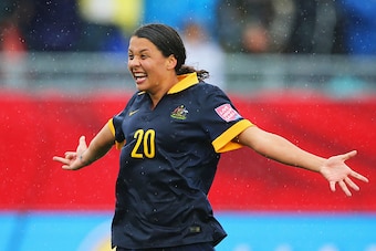 MONCTON, NB - JUNE 21:  Samantha Kerr of Australia celebrates victory after the FIFA Women's World Cup 2015 round of 16 match between Brazil and Australia at Moncton Stadium on June 21, 2015 in Moncton, Canada. Australia reach the quarter finals with a 1-