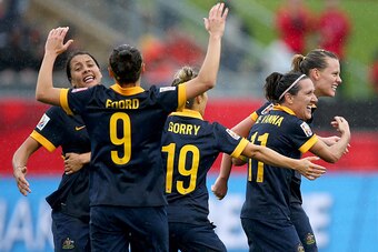MONCTON, NB - JUNE 21:  Australia celebrates the 1-0 win over Brazil during the FIFA Women's World Cup 2015 round of 16 match between Brazil and Australia at Moncton Stadium on June 21, 2015 in Moncton, Canada.  (Photo by Elsa/Getty Images)