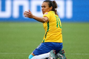 MONCTON, NB - JUNE 21: Marta #10 of Brazil reacts in the second half against Australia during the FIFA Women's World Cup 2015 round of 16 match between Brazil and Australia at Moncton Stadium on June 21, 2015 in Moncton, Canada.  (Photo by Elsa/Getty Imag