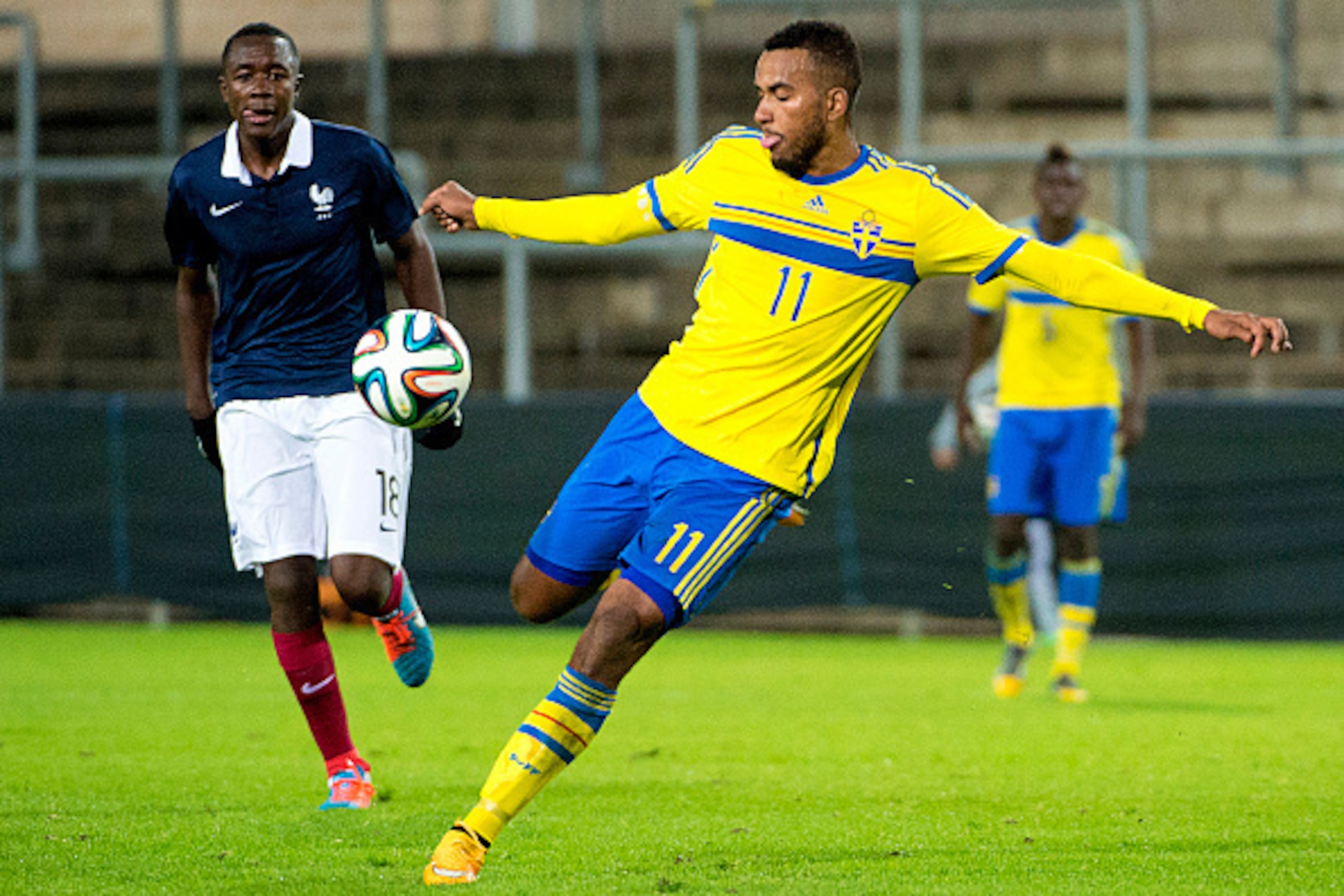 HALMSTAD,SWEDEN - OCTOBER 14:    Isaac Kiese Thelin of Sweden in action during the UEFA Under-21 Championship qualifying match between Sweden and France in Orjans Vall Stadium on October 14, 2014 in Halmstad, Sweden.  (Photo by Ludvig Thunman/EuroFootball