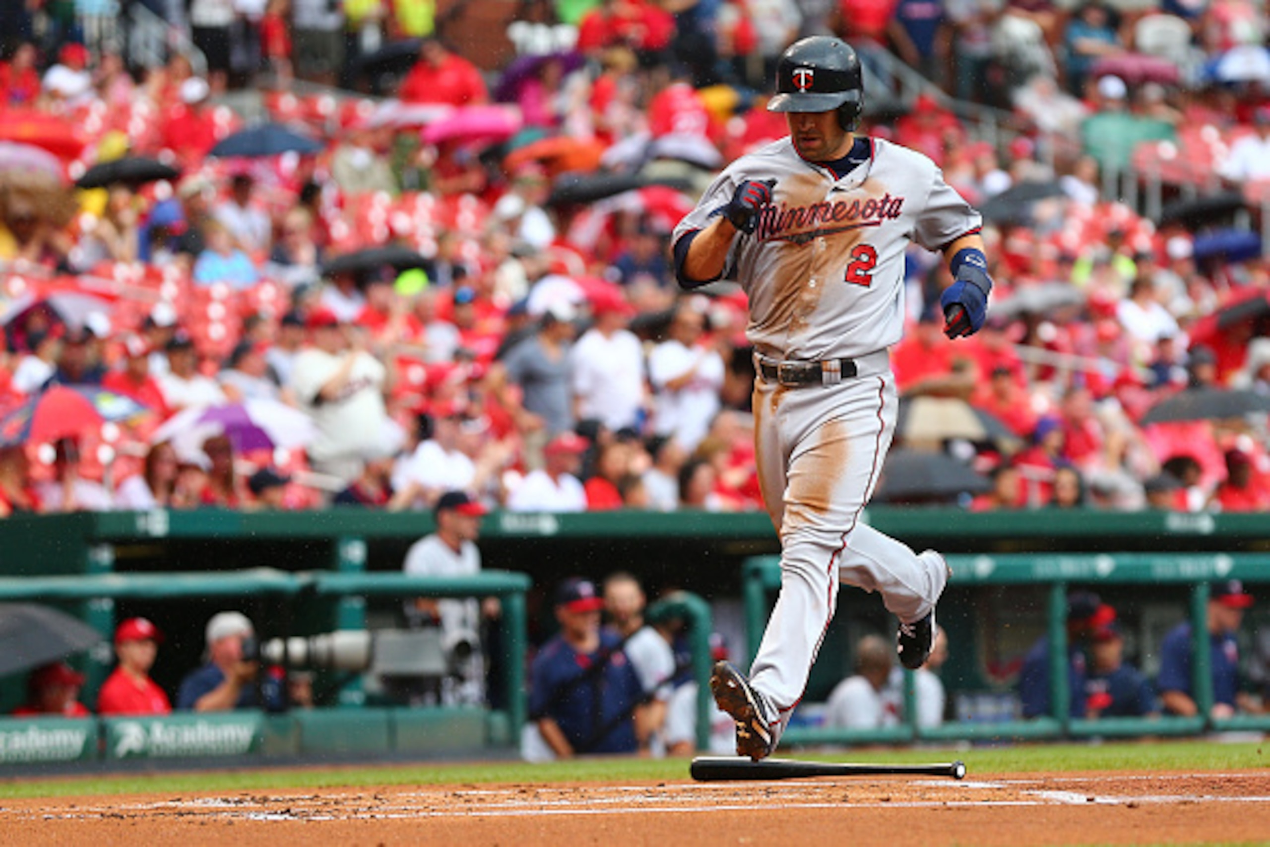 ST. LOUIS, MO - JUNE 16: Brian Dozier #2 of the Minnesota Twins scores a run against the St. Louis Cardinals in the first inning at Busch Stadium on June 16, 2015 in St. Louis, Missouri.  (Photo by Dilip Vishwanat/Getty Images)