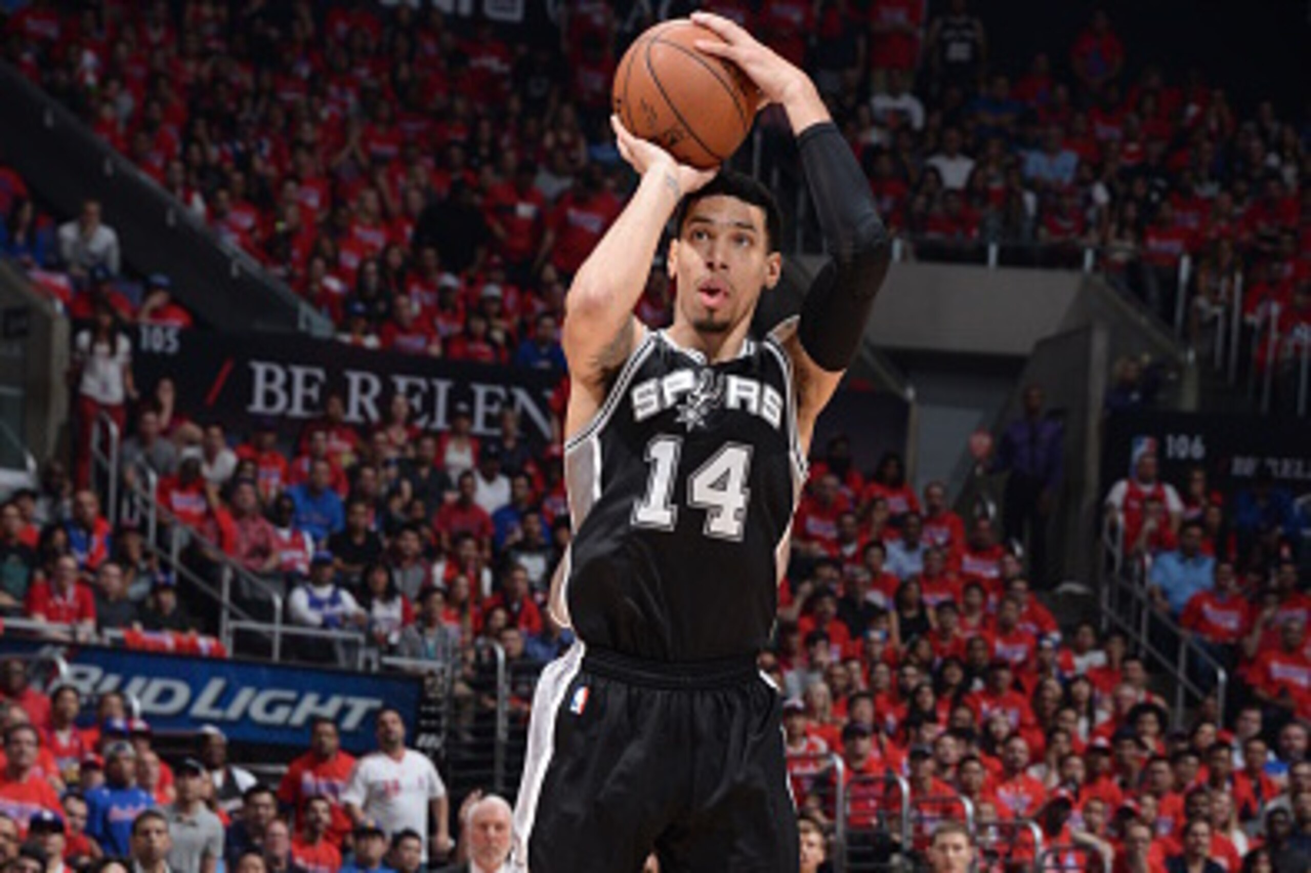 LOS ANGELES, CA - May 2:  Danny Green #14 of the San Antonio Spurs shoots against the Los Angeles Clippers in Game Seven of the Western Conference Quarterfinals during the 2015 NBA Playoffs on May 2, 2015 at Staples Center in Los Angeles, California. NOTE