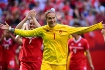 Jun 21, 2015; Vancouver, British Columbia, CAN; Canada goalkeeper Erin McLeod (1) reacts at the end of their 1-0 victory over Switzerland in the round of sixteen in the FIFA 2015 women's World Cup soccer tournament at BC Place Stadium. Mandatory Credit: A