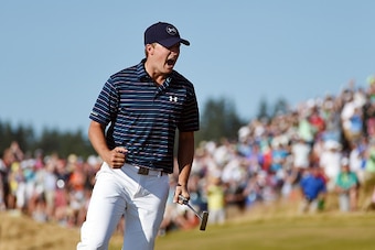 UNIVERSITY PLACE, WA - JUNE 21:  Jordan Spieth of the United States celebrates a birdie putt on the 16th green during the final round of the 115th U.S. Open Championship at Chambers Bay on June 21, 2015 in University Place, Washington.  (Photo by Ross Kin