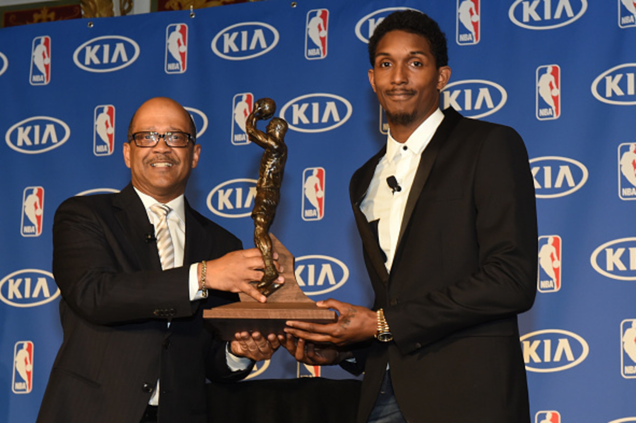 TORONTO, CANADA - April 20: Lou Williams of the Toronto Raptors Receives the Kia Sixth Man Award in Toronto, Ontario, Canada.  NOTE TO USER: User expressly acknowledges and agrees that, by downloading and or using this Photograph, user is consenting to th
