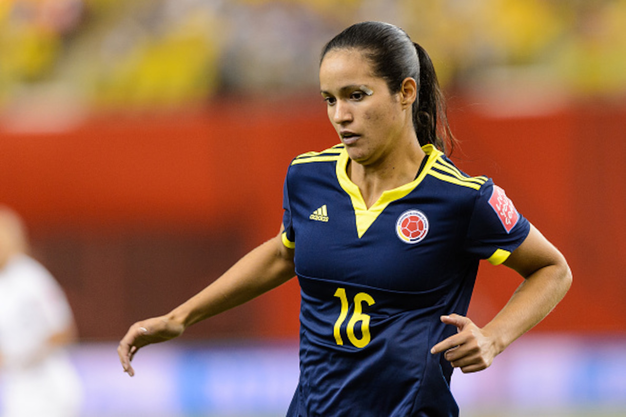 MONTREAL, QC - JUNE 17: Lady Andrade #16 of Colombia runs during the 2015 FIFA Women's World Cup Group F match against England at Olympic Stadium on June 17, 2015 in Montreal, Quebec, Canada. England defeated Colombia 2-1. (Photo by Minas Panagiotakis/G MONTREAL, QC - JUNE 17: Lady Andrade #16 of Colombia runs during the 2015 FIFA Women's World Cup Group F match against England at Olympic Stadium on June 17, 2015 in Montreal, Quebec, Canada. England defeated Colombia 2-1. (Photo by Minas Panagiotakis/G
