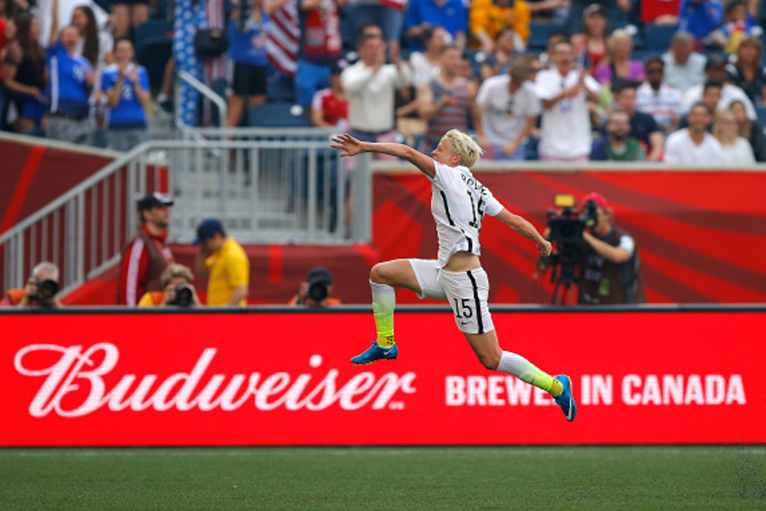 WINNIPEG, MB - JUNE 08: Megan Rapinoe #15 of the United States of America celebrates scoring a goal against Australia during the FIFA Women's World Cup Canada 2015 Group D match between the United States and Australia at Winnipeg Stadium on June 8, 2015 WINNIPEG, MB - JUNE 08: Megan Rapinoe #15 of the United States of America celebrates scoring a goal against Australia during the FIFA Women's World Cup Canada 2015 Group D match between the United States and Australia at Winnipeg Stadium on June 8, 2015