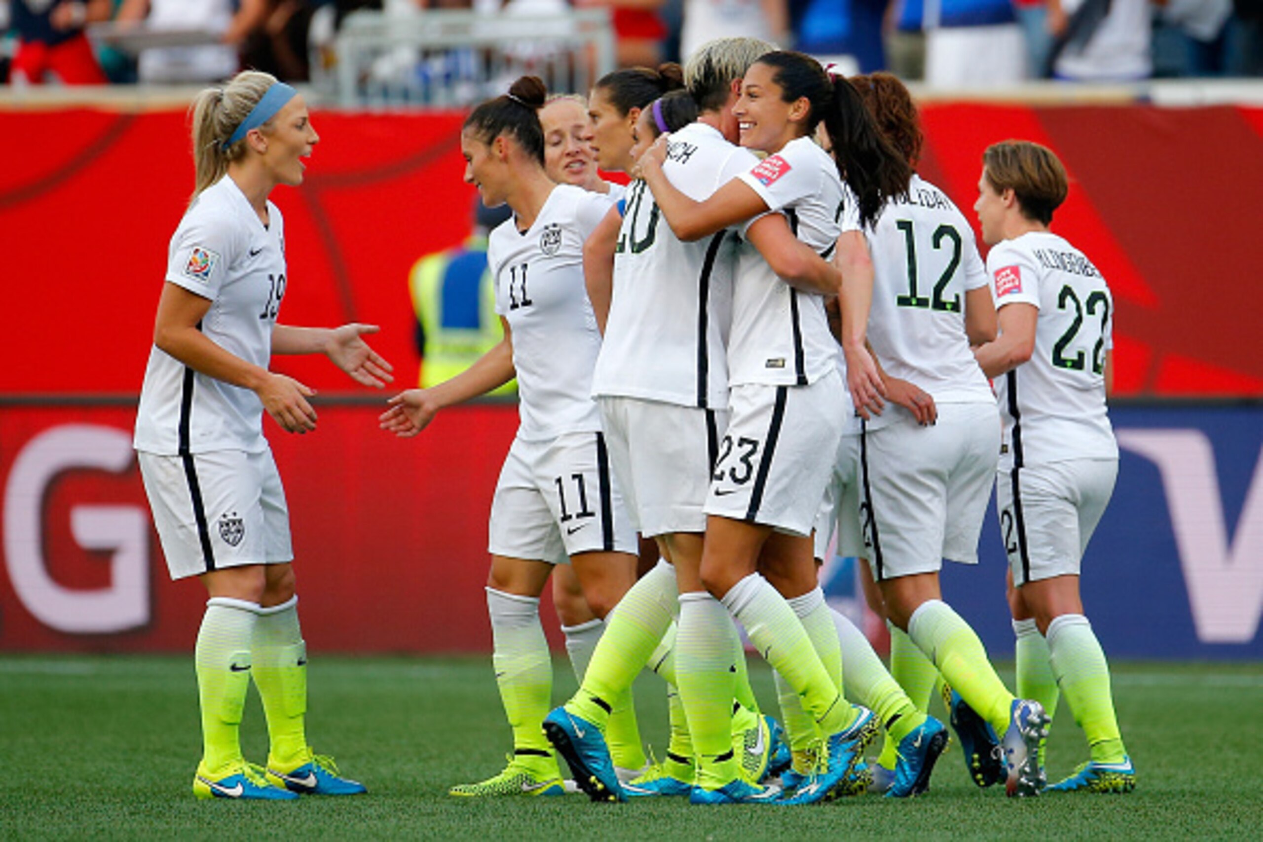 WINNIPEG, MB - JUNE 08: Christen Press #23 celebrates with Abby Wambach #20 of the United States after Press scores a second half goal against Australia during the FIFA Women's World Cup 2015 Group D match at Winnipeg Stadium on June 8, 2015 in Winnipeg, WINNIPEG, MB - JUNE 08: Christen Press #23 celebrates with Abby Wambach #20 of the United States after Press scores a second half goal against Australia during the FIFA Women's World Cup 2015 Group D match at Winnipeg Stadium on June 8, 2015 in Winnipeg,