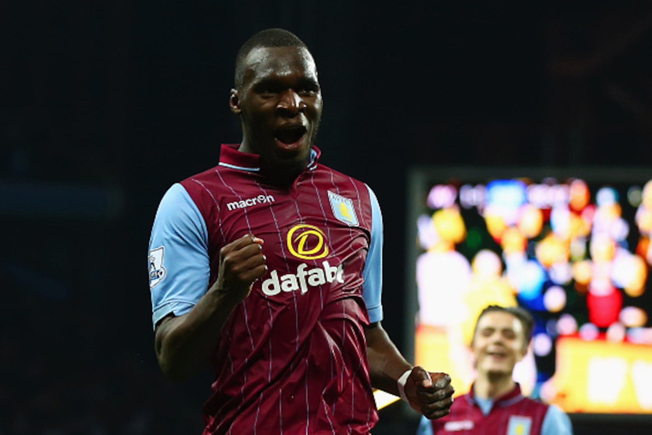 BIRMINGHAM, ENGLAND - APRIL 07:  Christian Benteke of Aston Villa celebrates as he scores their second goal during the Barclays Premier League match between Aston Villa and Queens Park Rangers at Villa Park on April 7, 2015 in Birmingham, England.  (Photo