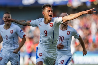 PRAGUE, CZECH REPUBLIC - JUNE 20:  Jan  Kliment (C) of Czech Republic celebrates goal with his team-mates during UEFA U21 European Championship Group A match between Serbia and Czech Republic at Letna Stadium on June 20, 2015 in Prague, Czech Republic.  (