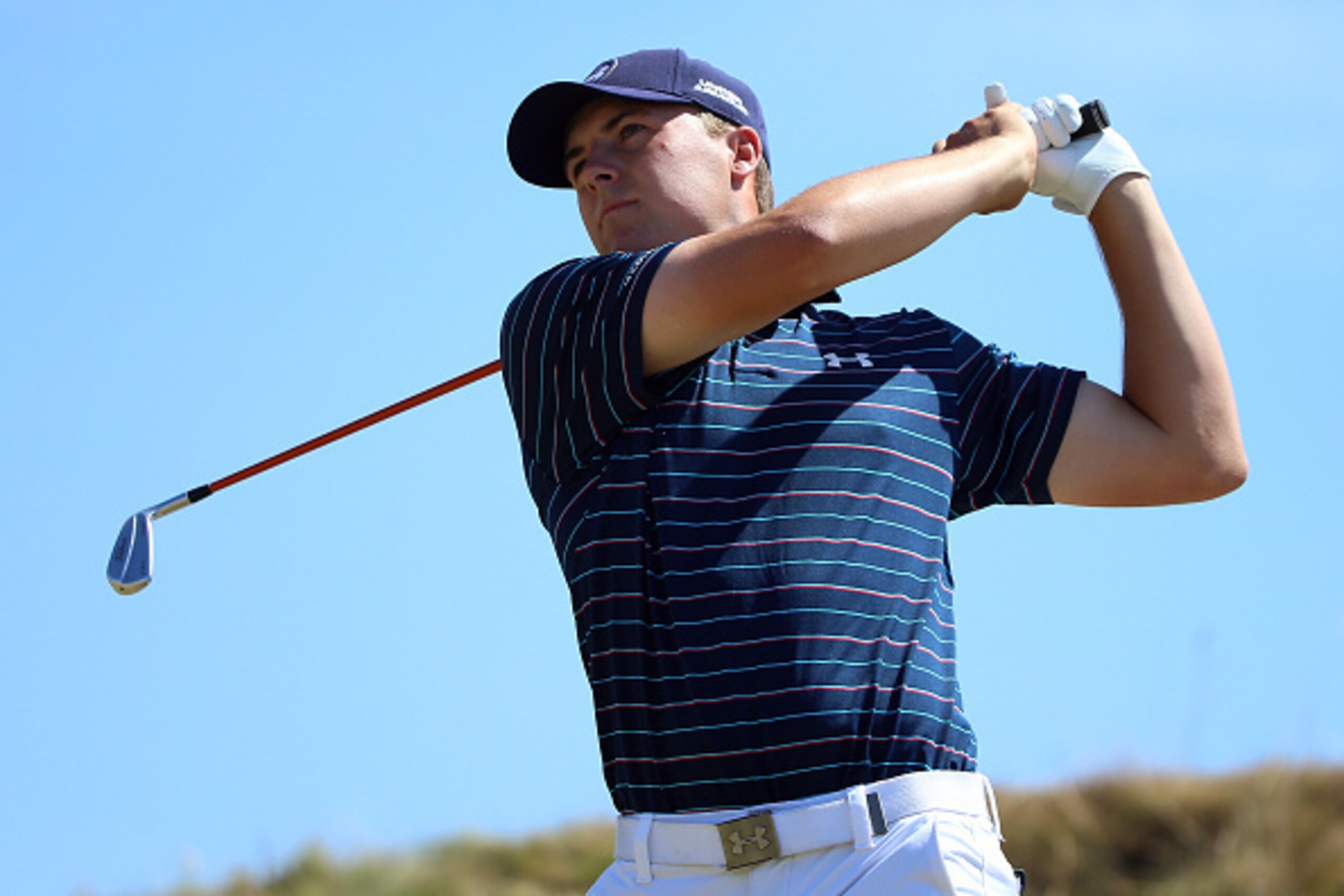 UNIVERSITY PLACE, WA - JUNE 21:  Jordan Spieth of the United States watches his tee shot on the second hole during the final round of the 115th U.S. Open Championship at Chambers Bay on June 21, 2015 in University Place, Washington.  (Photo by Andrew Redi