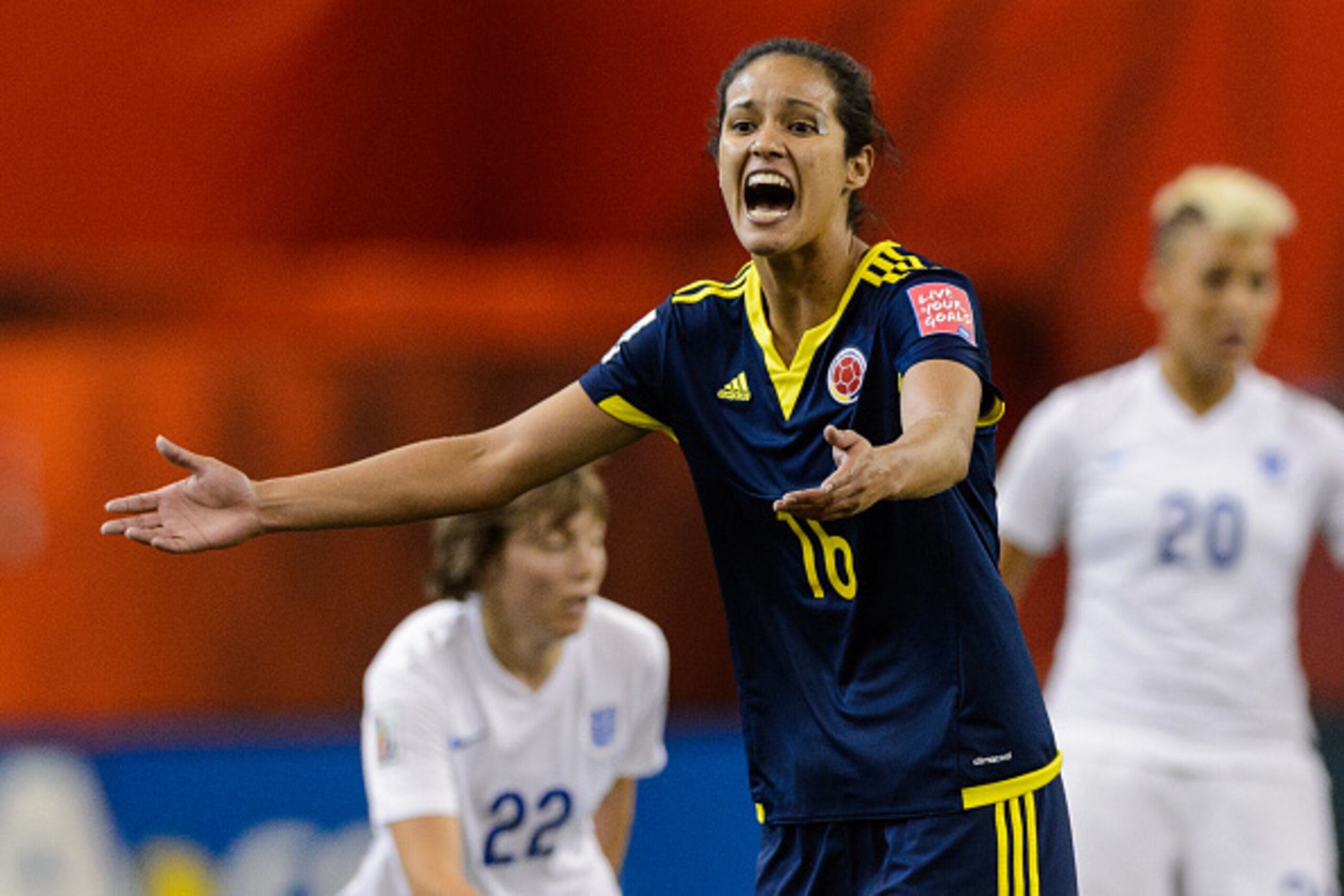 MONTREAL, QC - JUNE 17:  Lady Andrade #16 of Colombia reacts during the 2015 FIFA Women's World Cup Group F match against England at Olympic Stadium on June 17, 2015 in Montreal, Quebec, Canada.  (Photo by Minas Panagiotakis/Getty Images)